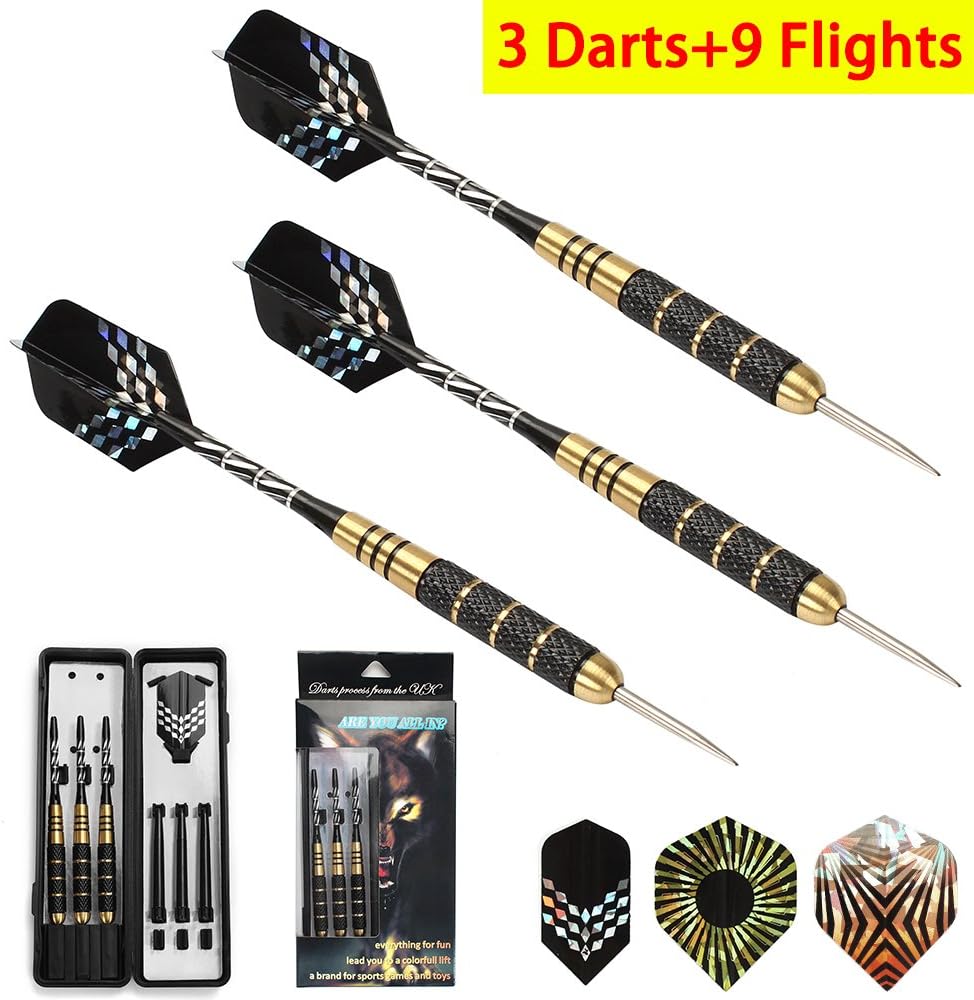 CRZKO Darts, 3 Pieces profi darts Steel darts dartboard 21 / 24g darts set Tournament Steel Tip Darts with Metal Tip Pet Flights, 6 Replacement, Professional Darts with Hard Box Case Black Coating