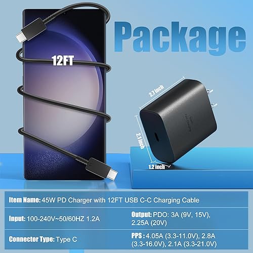 Miniatura 6 de Cargador súper rápido Samsung USB-C de 45 W, bloque tipo C y cargador de teléfono Android de 12 pies, cable de carga rápida para Samsung Galaxy S24