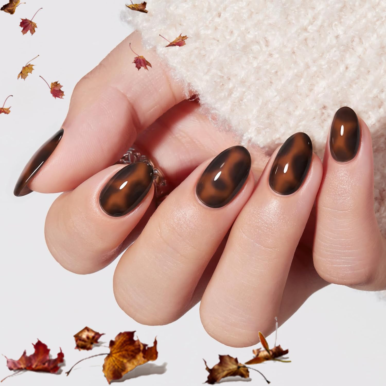 modelones Leopard Print Short Press on Nails, Fall Oval Fake Nails Kit
