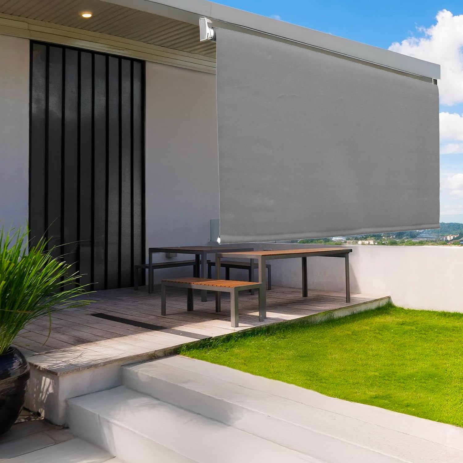 Tenda da Sole a Caduta 250x150 cm con Rullo in Alluminio, Parasole Esterno Grigio, Attacco Soffitto Incluso