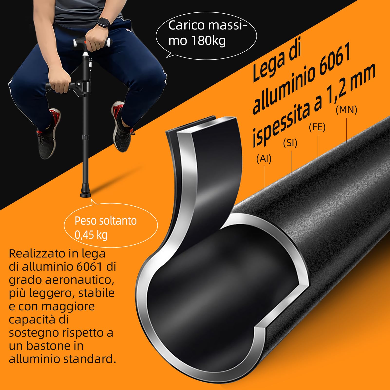 Bastone da passeggio regolabile per uomo e donna, doppio manico regolabile, bastone da passeggio con luce a LED, bastoni per anziani e persone con diversi tipi di artrite