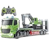 Fistone RC Semi-Trailer Truck & Excavator Toy Set, 1:12 Scale with Sound and Lights, 11CH 2.4Ghz Remote Control Flatbed Truck and Excavator Toys, Great Gift for Kids Boys