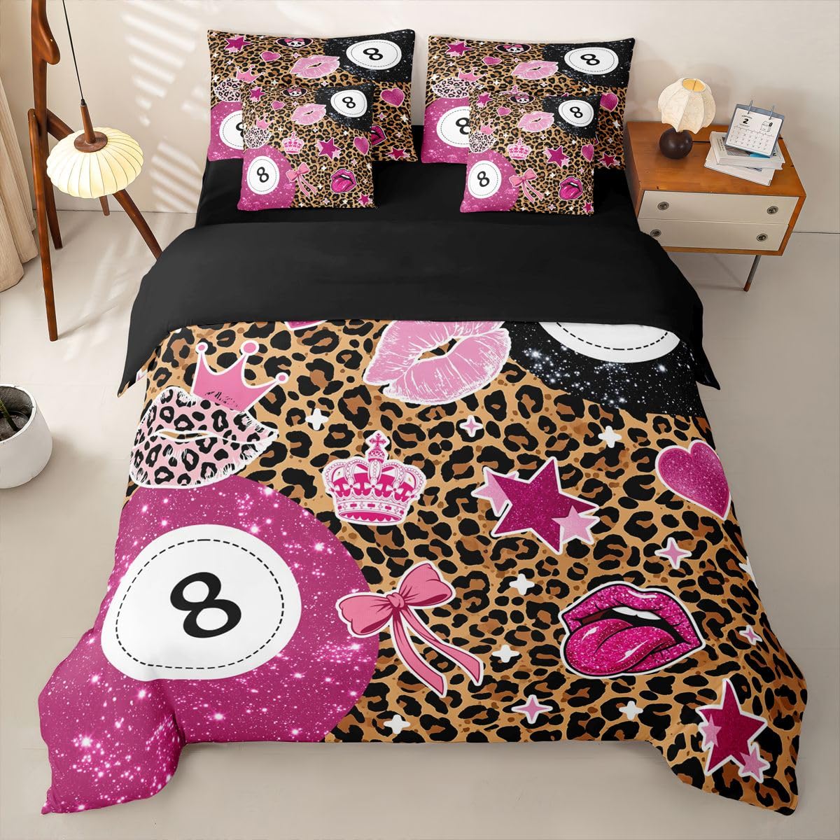 Loussiesd Czarny różowy brokat poszewka na kołdrę z 8 kulkami podwójny rozmiar 7 sztuk brązowy nadruk w panterkę zestaw pościeli usta kokardki gwiazdy nadruk łóżko w torbie z poszewką na kołdrę