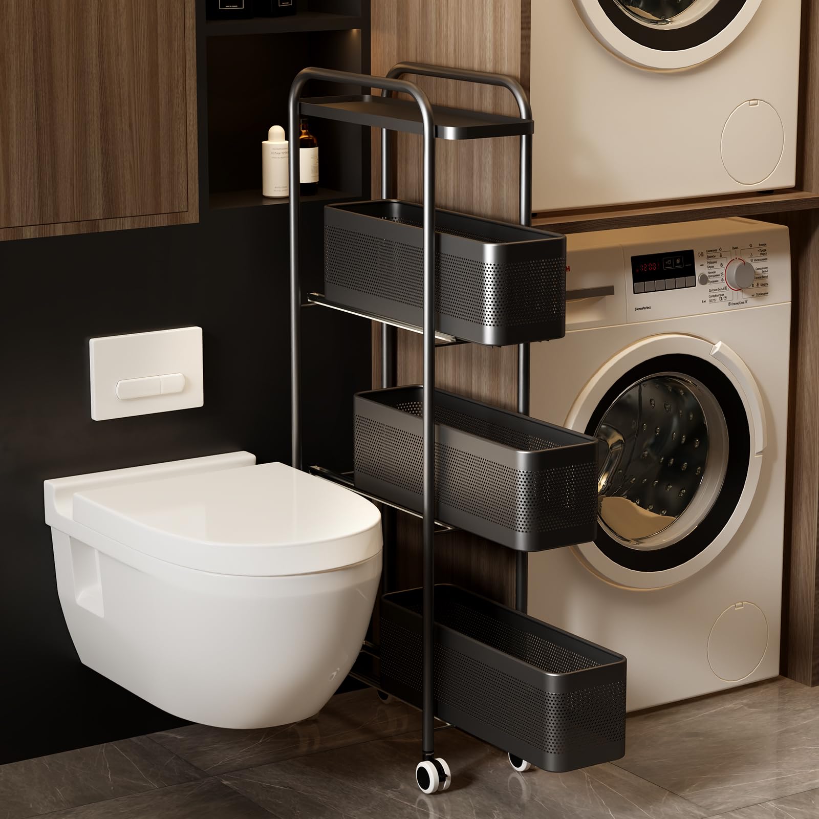 Carrito de almacenamiento delgado de 4 niveles con cesta de metal extraíble, organizador de baño, carrito rodante, organizador deslizante sin instalación para cocina, baño, lavandería (negro, 4