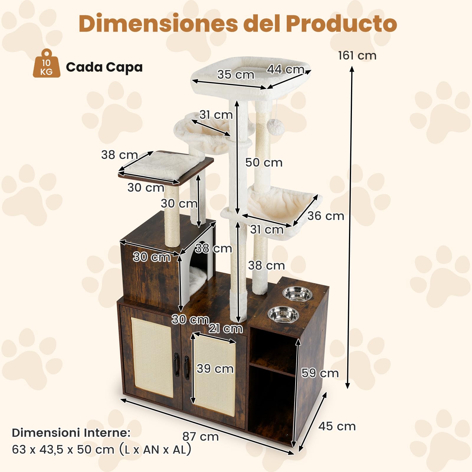 GYMAX Armario de Caja de Arena para Gatos, Árbol para Gatos con Cama, 2 Hamacas, Percha, Comederos y Compartimentos Abiertos, Mueble para Gatitos de Interior con Rascador y Alfombras de Sisal