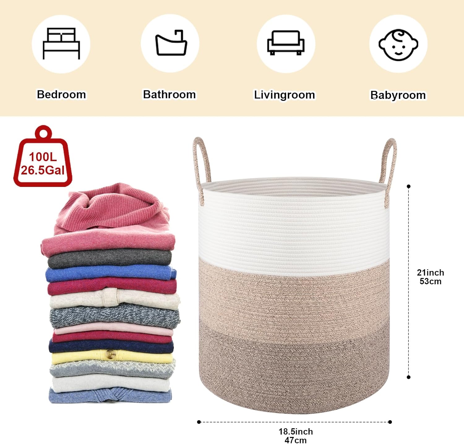 OIAHOMY 100L Laundry Hamper, Dirty Clothes Hamper for Bedroom, Collapsible Laundry Basket, Large Blanket Basket,Nursery Hamper with Handle, Blanket Storage for Living Room-18.5x21inches-Gradient Brown