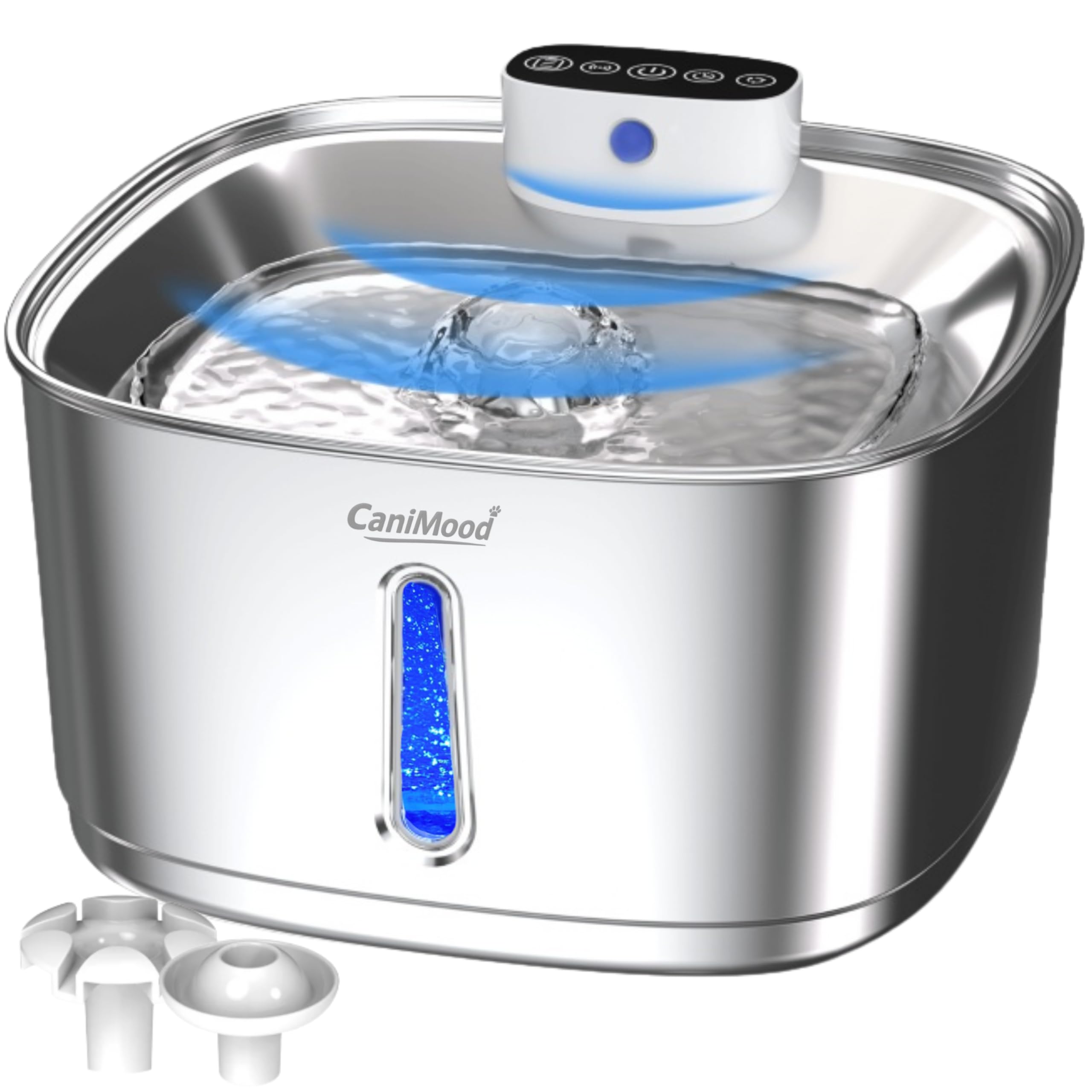 Fontana per l'acqua senza fili CaniMood da 3,2 litri per cani e gatti – Ultra silenziosa con sensore di movimento, filtrazione continua, LED, acciaio inossidabile
