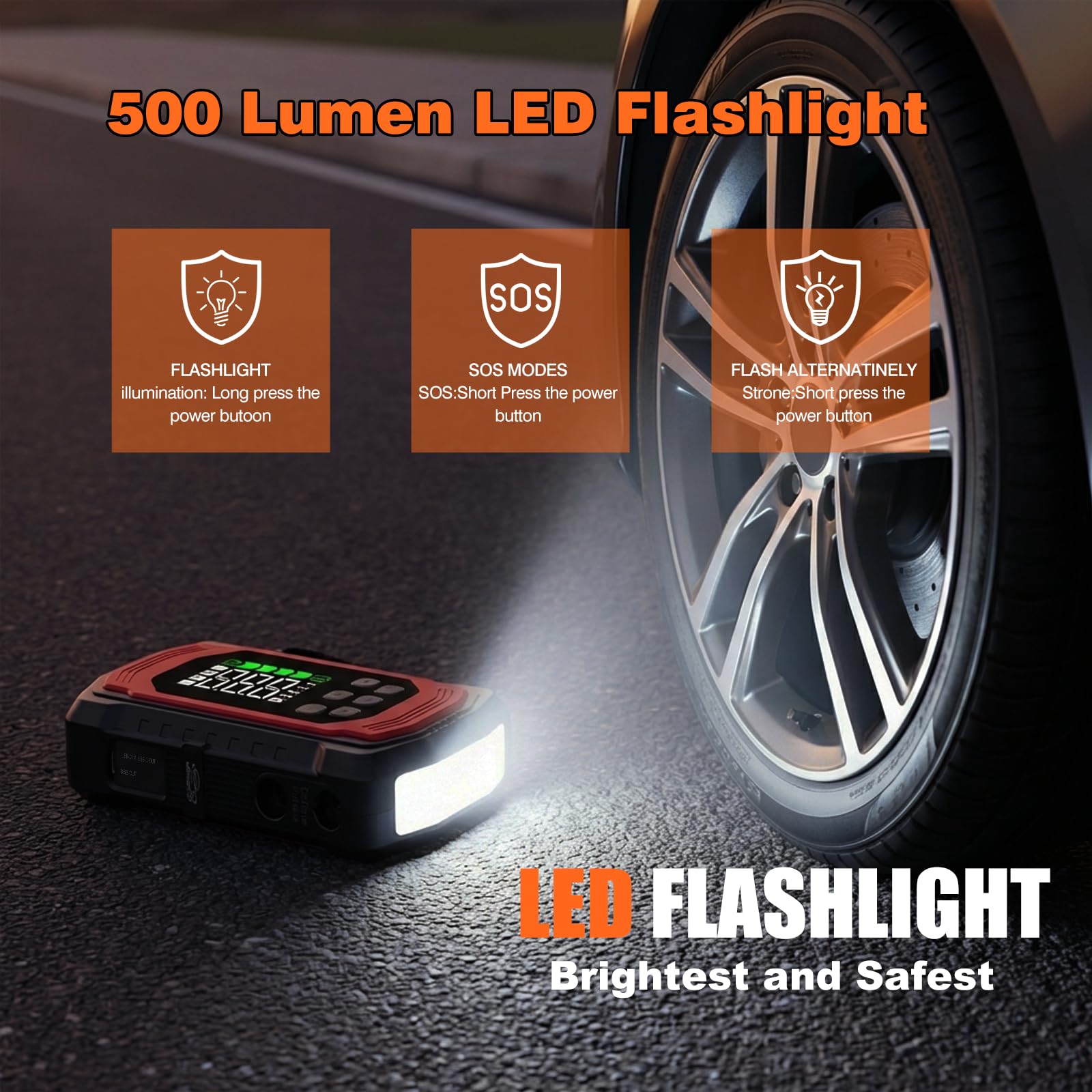 9000A Starthilfe Powerbank mit 150PSI Kompressor, 9-in-1 Booster Auto Starthilfe (alle Benzin und 14L Diesel), 12V Jump Starter mit Elektrische Luftpumpe/Vakuumpumpe, 30W Schnellladung