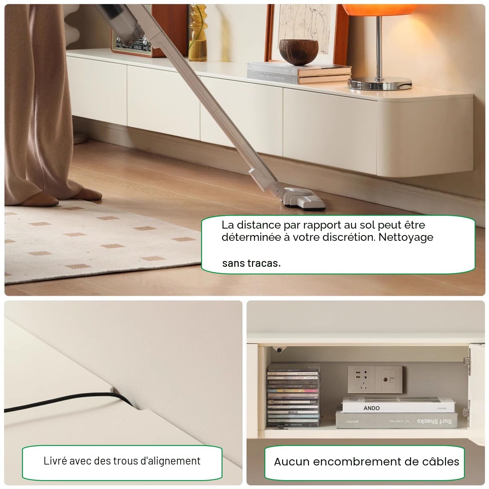 Console TV flottante, meuble TV mural, grand banc TV de rangement sous la TV avec tiroirs, support de routeur (blanc + LED, 160 x 20 x 24 cm)