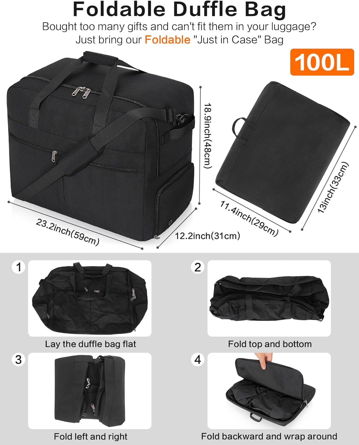 100L Foldable Large Travel Duffle Bag for Men and Women, Packable Duffel Bags with Shoe Compartment, Water Repellent & Tear Resistant (Black) - Image 2