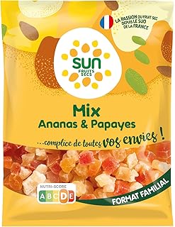 SUN - Mix Ananas Papaye 250 g - Mélange Cubes Ananas & Papaye - Mix Apéro Exotique - Idéal Pour Snacking, Apéritif - Fruits Déshydratés