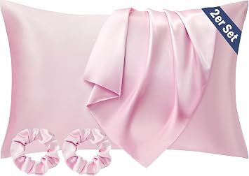 Set of 2 Silk Cushion Covers 40 x 80 Pink Satin Cushion Cover Silk Pillowcase Silk Pillow Slip Cushion Cover for Hair and Skin Hair-friendly Cushion Cover with 2 Silk Hair Bands