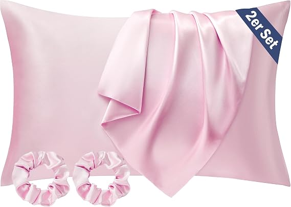 Set of 2 Silk Cushion Covers 40 x 80 Pink Satin Cushion Cover Silk Pillowcase Silk Pillow Slip Cushion Cover for Hair and Skin Hair-friendly Cushion Cover with 2 Silk Hair Bands