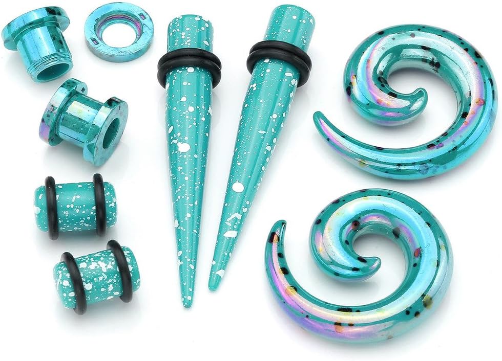 Jovivi 8pc Stretching Kit Turquoise Green Arcylic Taper & Tunnels & Spiral Snail Plugs Expander Gauges 12G-00G