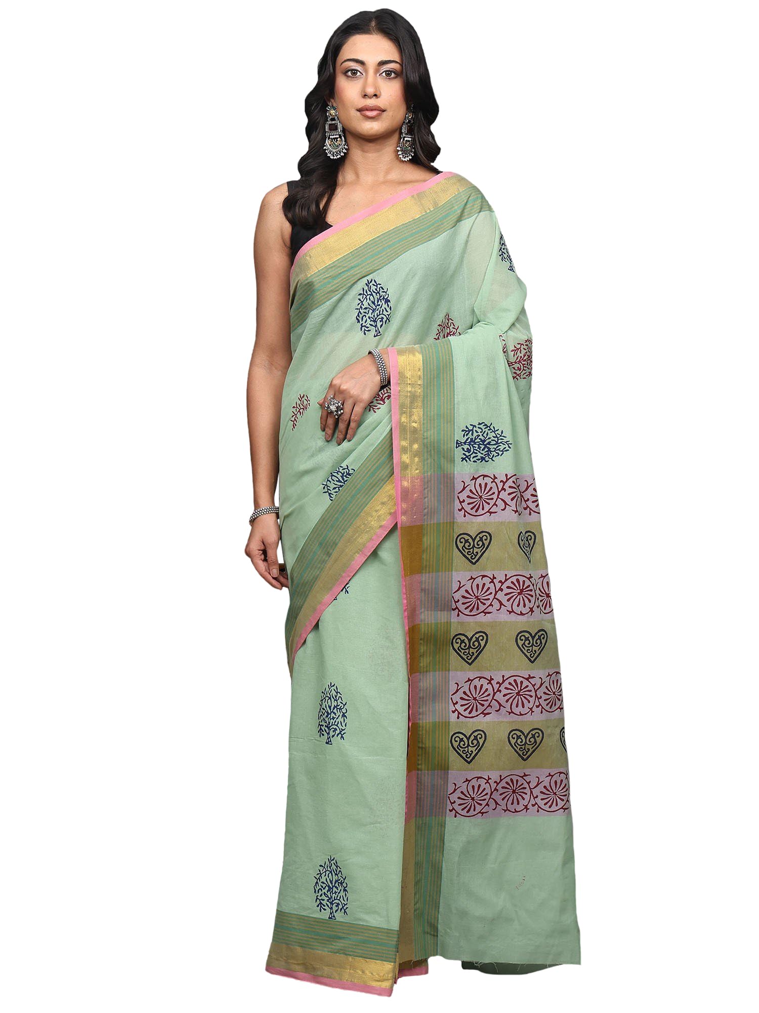Women's Cotton Saree with Block Printed Trees and Zari Border | Traditional Tamil Nadu Designer Saree for Special Occasion with Blouse Piece