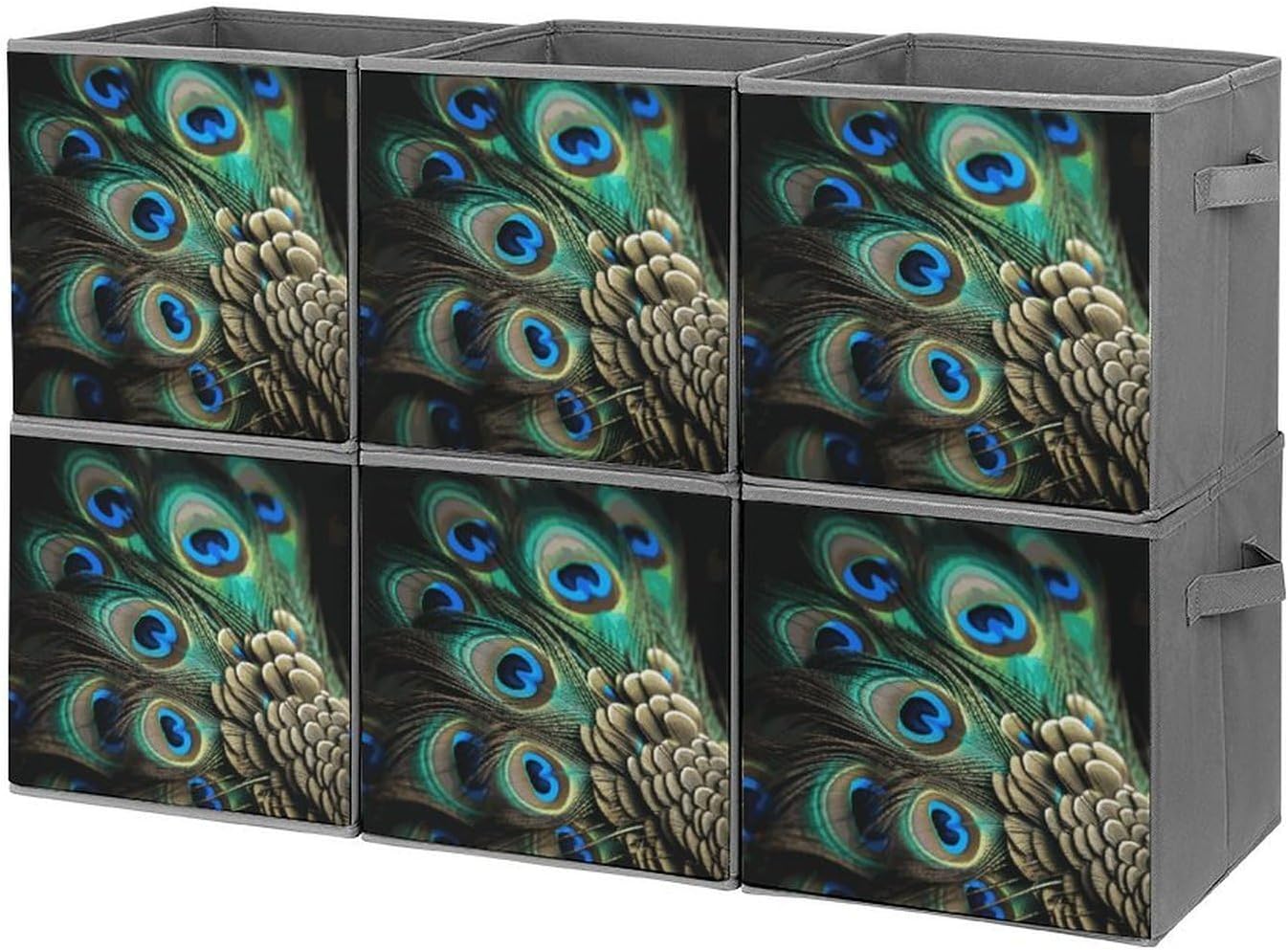 Peacock Feather Storage Cubes Set of 6 Storage Bins with Handles Collapsible Storage Basket Fabric Storage Box for Shelves Large Closet Shelf Organizer for Organization 11 Inch