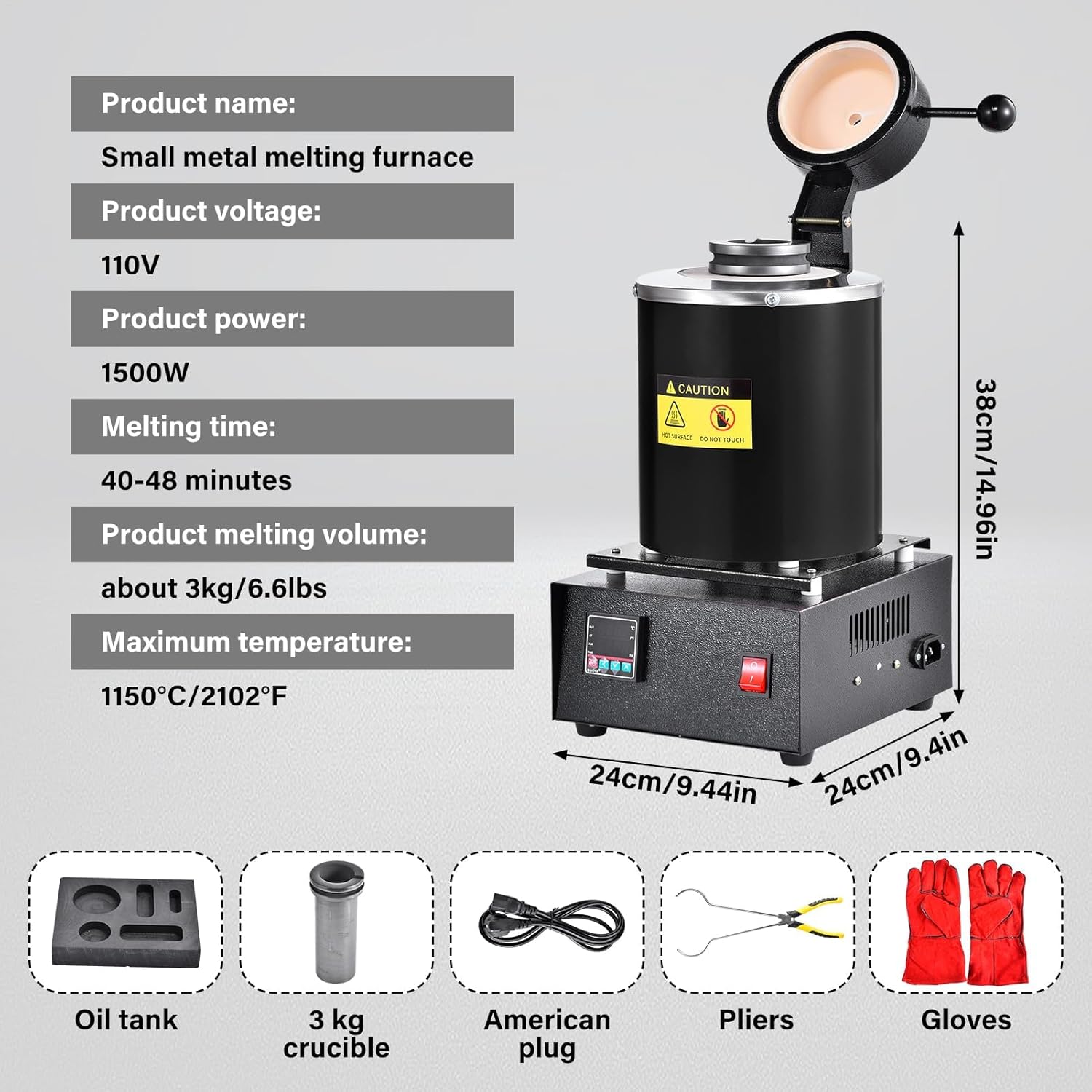 Gold Melting Furnace 3KG, 1500W Automatic Digital Machine with Graphite Crucible for Smelting Aluminum, Gold, Copper, Precise Warming Equipment, 1150°C/2102°F