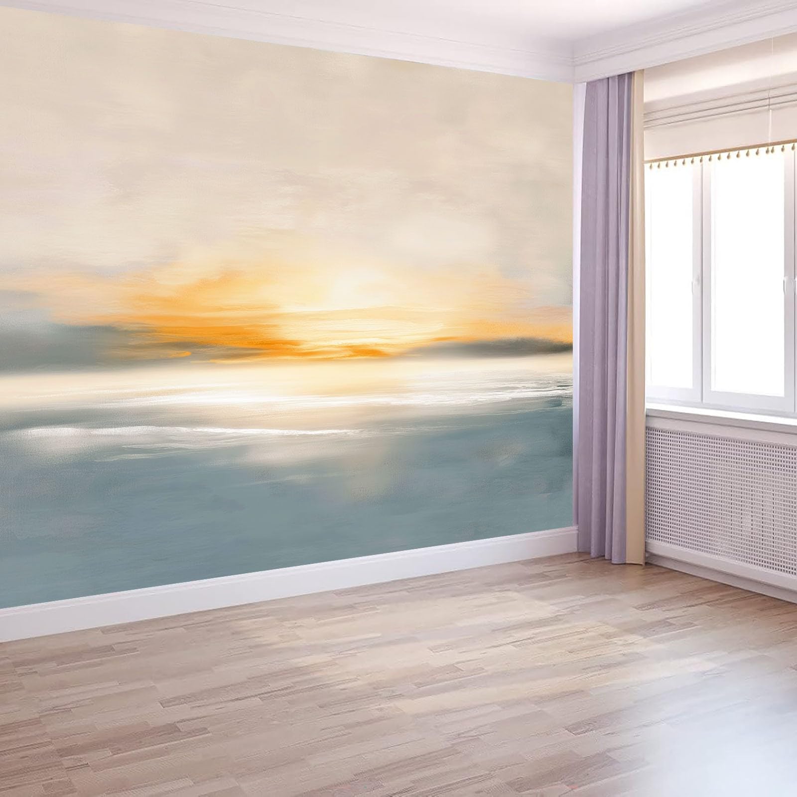 Panoramiczna tapeta 350 x 256 cm (szer. x wys.), włóknina ścienna abstrakcyjny minimalistyczny nadmorski wschód słońca - do salonu pokoju dziecięcego i beżowa dekoracja ścienna