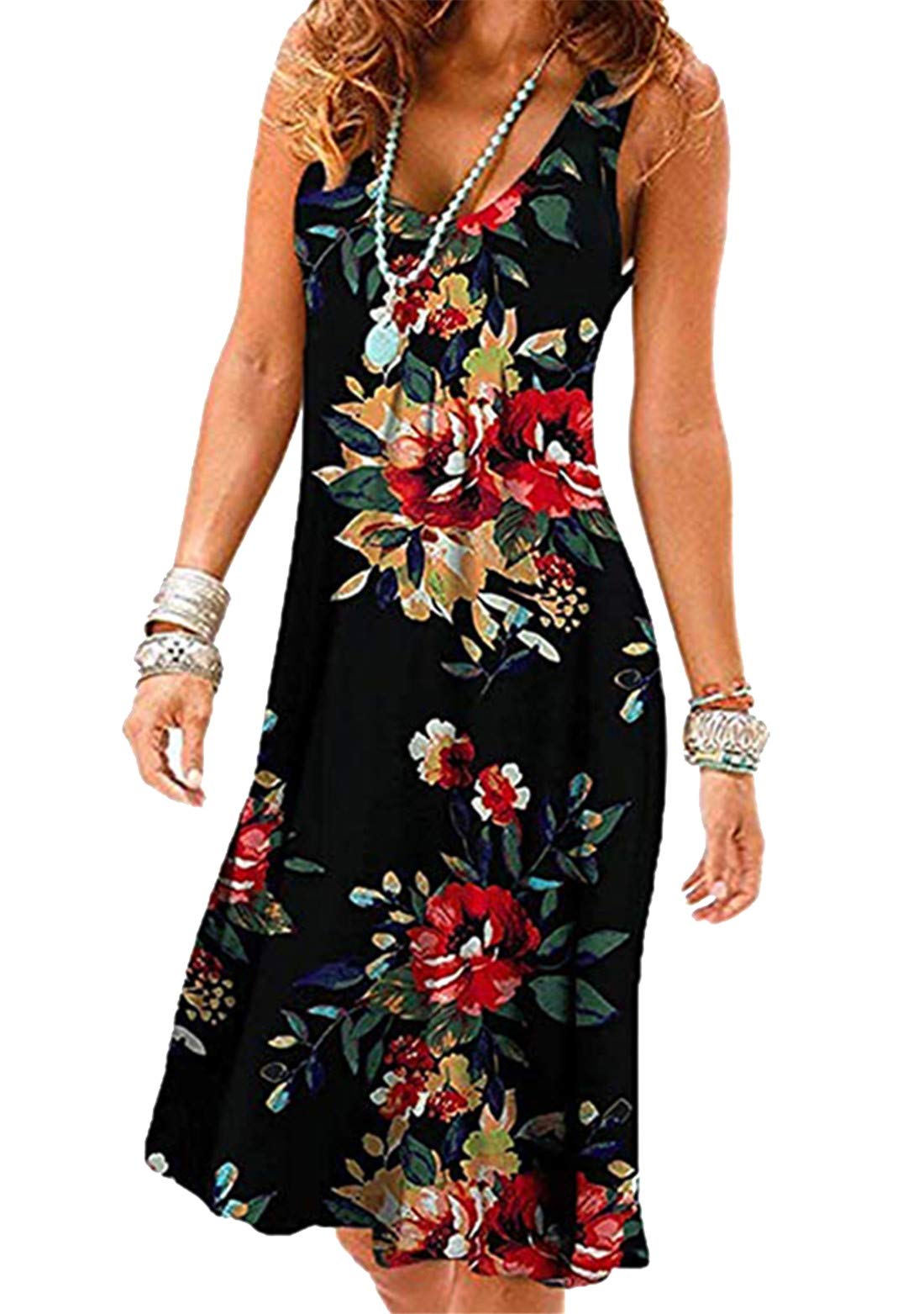 OMZIN Women's Summer Casual Dresses Sleeveless Floral Pleated Loose Swing Knee Length Dress