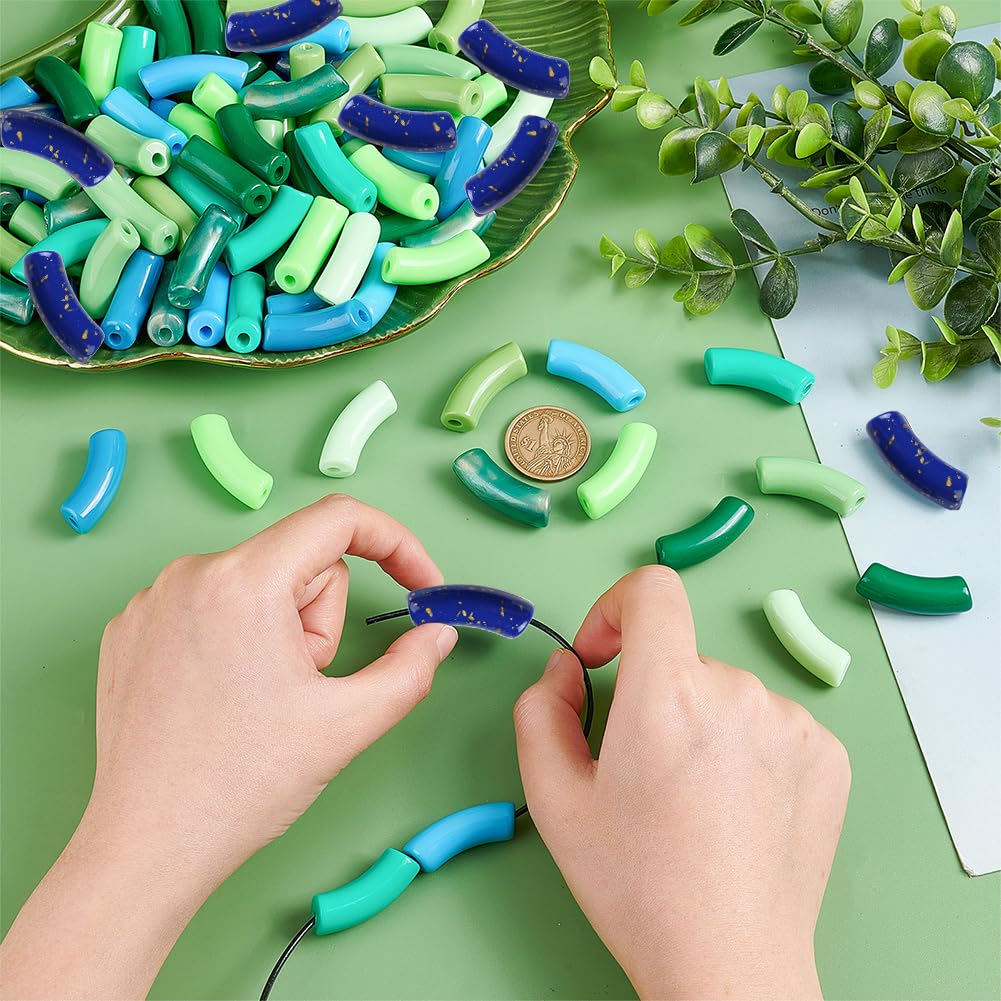 PH PandaHall 100 Perline Acriliche Tubolari Curve – 10 Colori Tema Scuro, 32x10mm Per Gioielli Fai Da Te