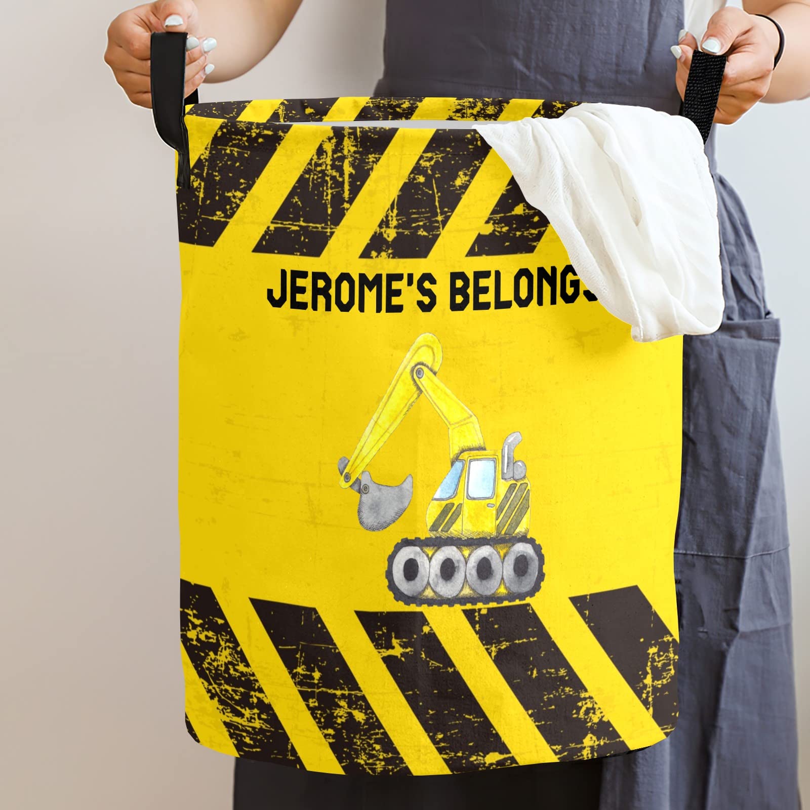 Custom Name Watercolor Excavator Digger Collapsible Laundry Basket, Laundry Hamper with Handles Waterproof Oxford Laundry Hamper Household Organizer Basket