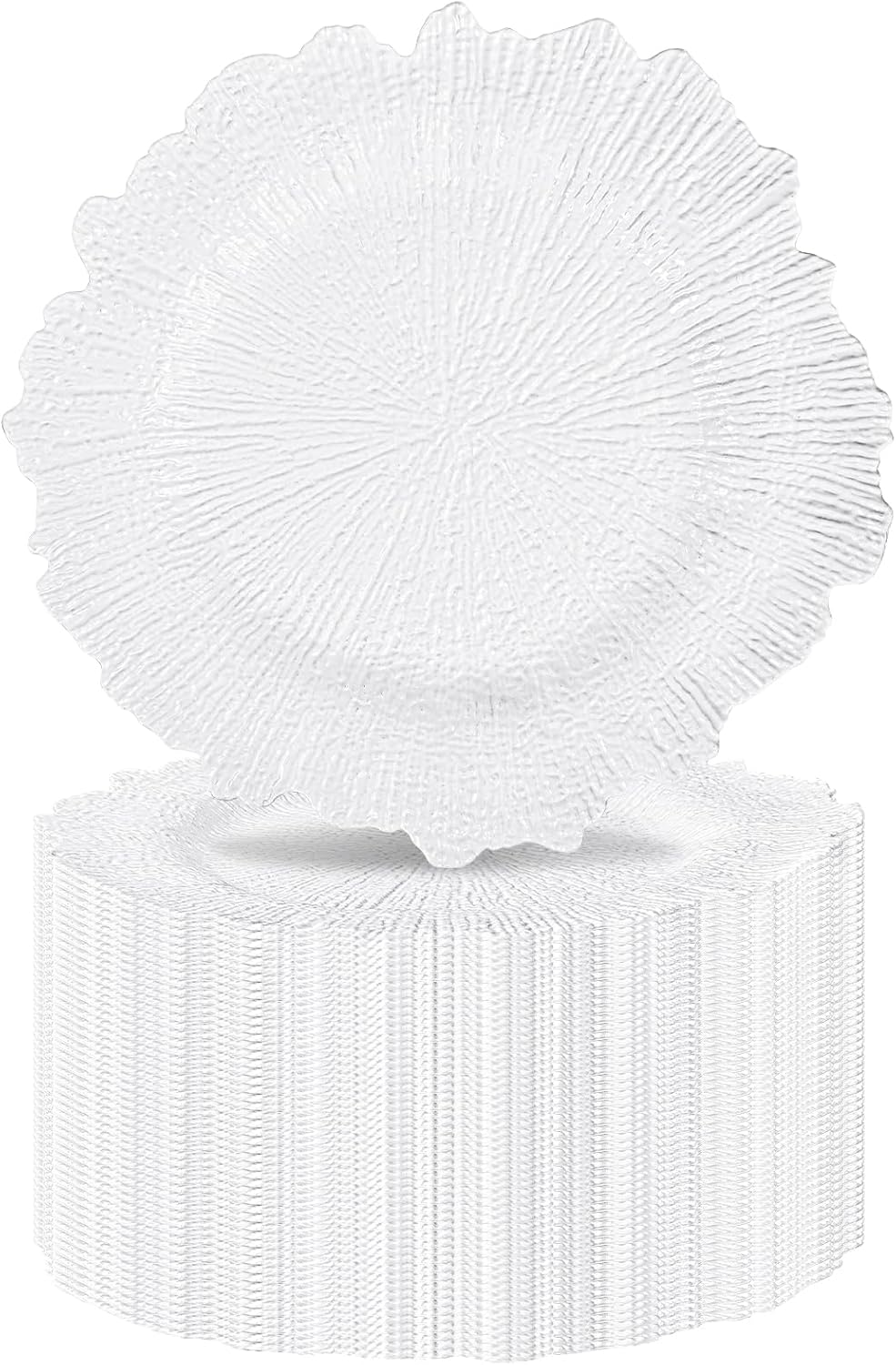 50 Pcs Round White Charger Plates 13 Inch Chargers for Dinner Plates, Reusable Reef Plastic Charger Plate Bulk with Floral Decorative for Wedding,Christmas,Party,Event Tabletop Decoration