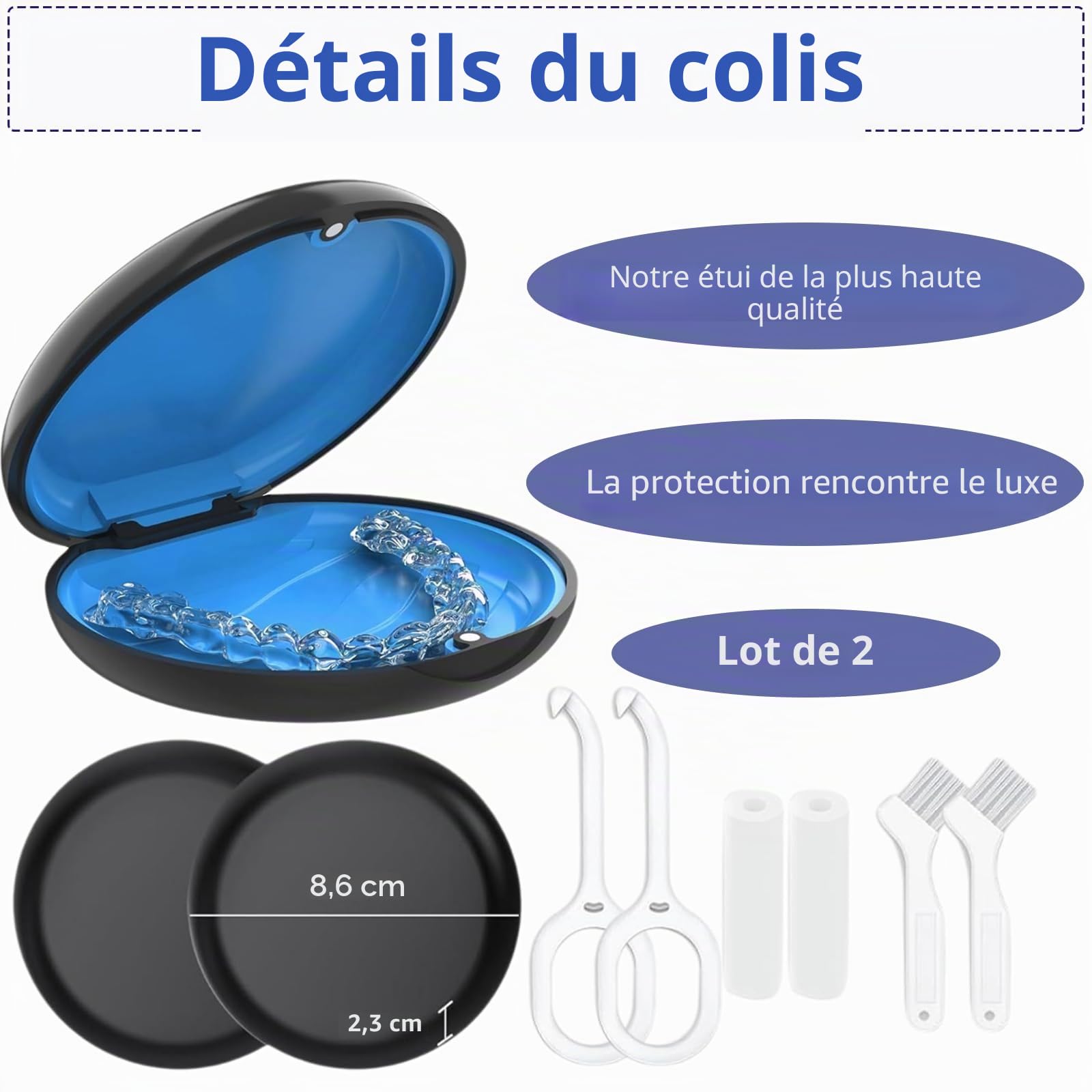 Lot de 2 coques minces d'alignement pour Invisalign, étui de protège-dents avec outils de retrait et aligneurs à mâcher et brosse, plateau intérieur amovible en silicone pour un nettoyage facile (noir