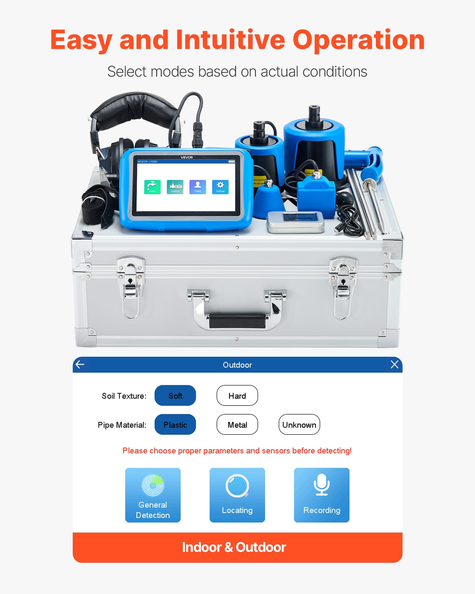 VEVOR Détecteur de Fuite d'eau Canalisations Profondeur 0,5-5 m, 1-10000 Hz, Écran Tactile LCD, avec 4 Capteurs, 3 Sondes d'Écoute, Casque, Carte SD 8 Go, Étui Transport, pour Plomberie Souterraine