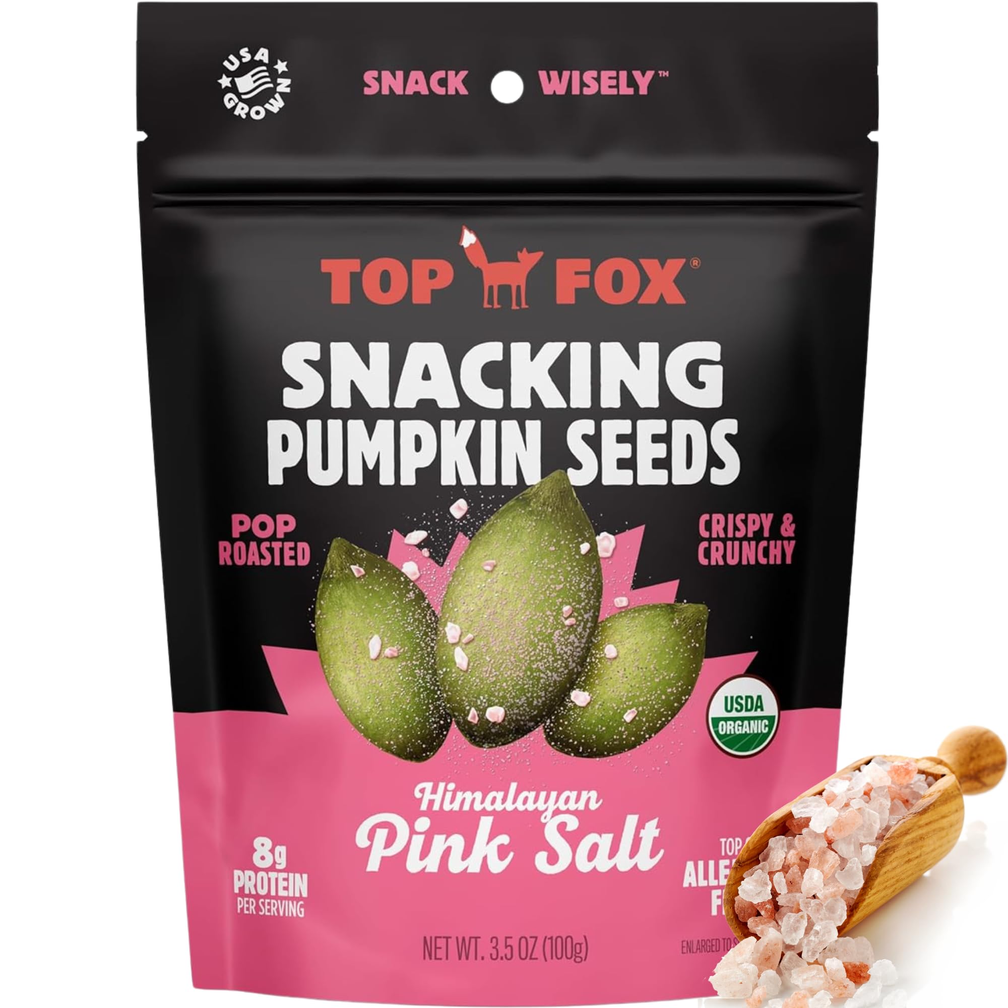 - Top Fox Snacks Pumpkin Seeds to Eat (Himalayan Pink Salt, 3.5 oz – 6 Pack) - Gluten Free Snacks, Protein Snacks, Keto Friendly Snacks, Allergen Free Snacks, Paleo & Vegan - Organic Pop-Roasted