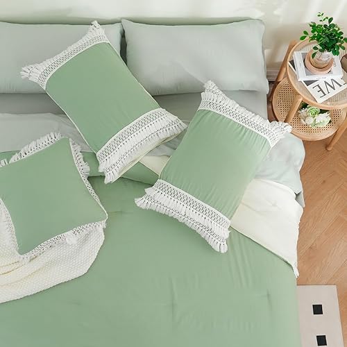 Juego de edredón bohemio tamaño King de 8 piezas en una bolsa, juego de ropa de cama verde con 1 edredón con borlas, 1 sábana encimera, 1 sábana