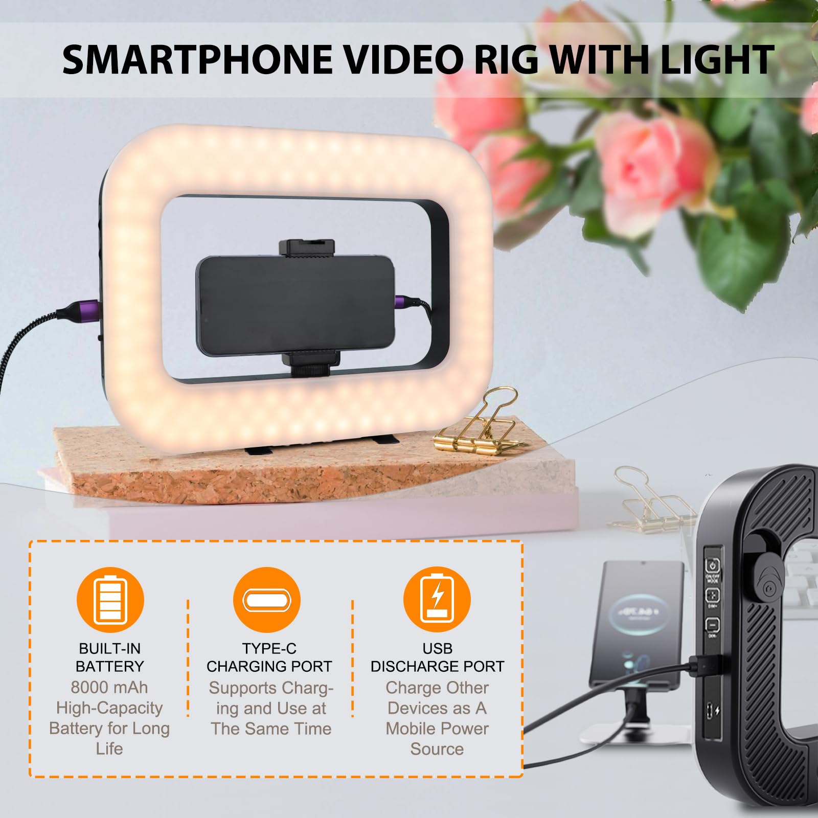 Soporte de video para smartphone con luz RGB, estabilizador de teléfono + 36 efectos especiales, anillo LED de mano con batería integrada de 8000 mAh para cámara, smartphone, YouTube, grabación