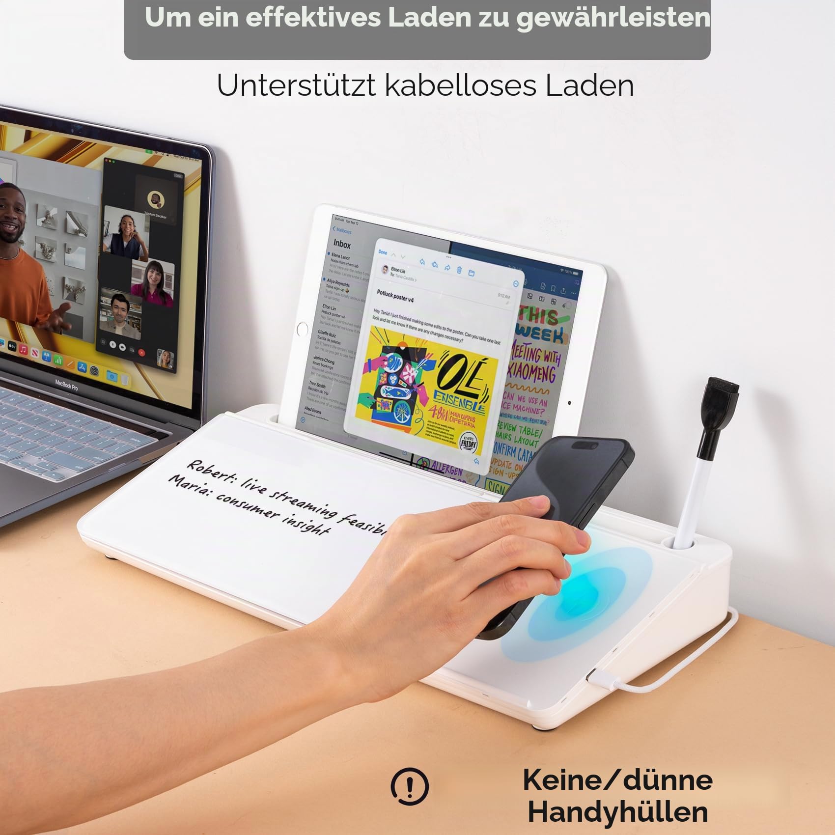 Varhomax Glas-Schreibtisch-Whiteboard mit kabellosem Ladegerät, trocken abwischbare Whiteboard mit Aufbewahrung, To-Do-Liste, Notizblock für Zuhause und Büro