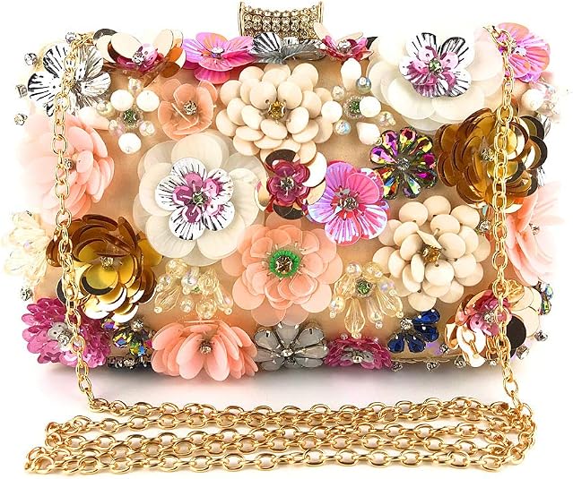 FLORAL PATTERN SEQUINED EVENING CLUTCH BAG