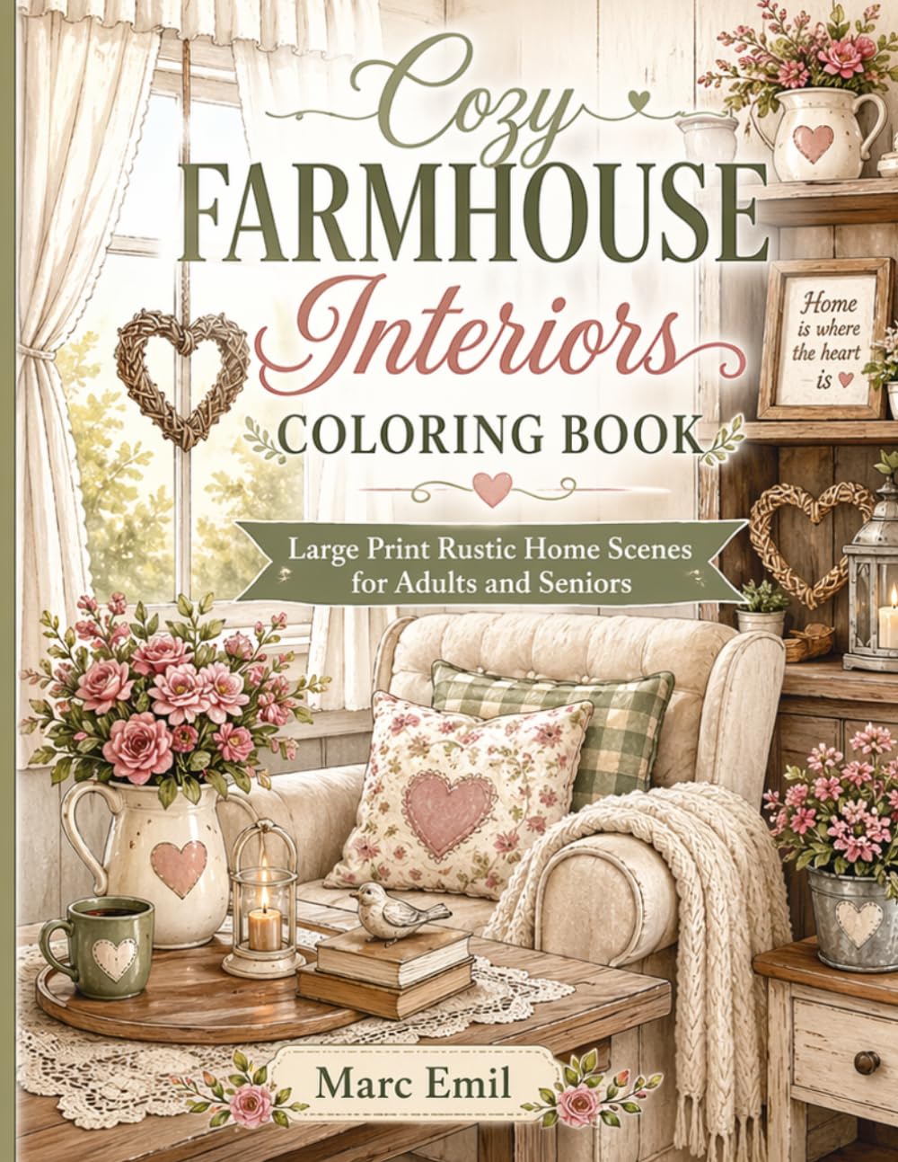 Cozy Farmhouse Interiors Coloring Book: Large Print Rustic Home Scenes for Adults and Seniors