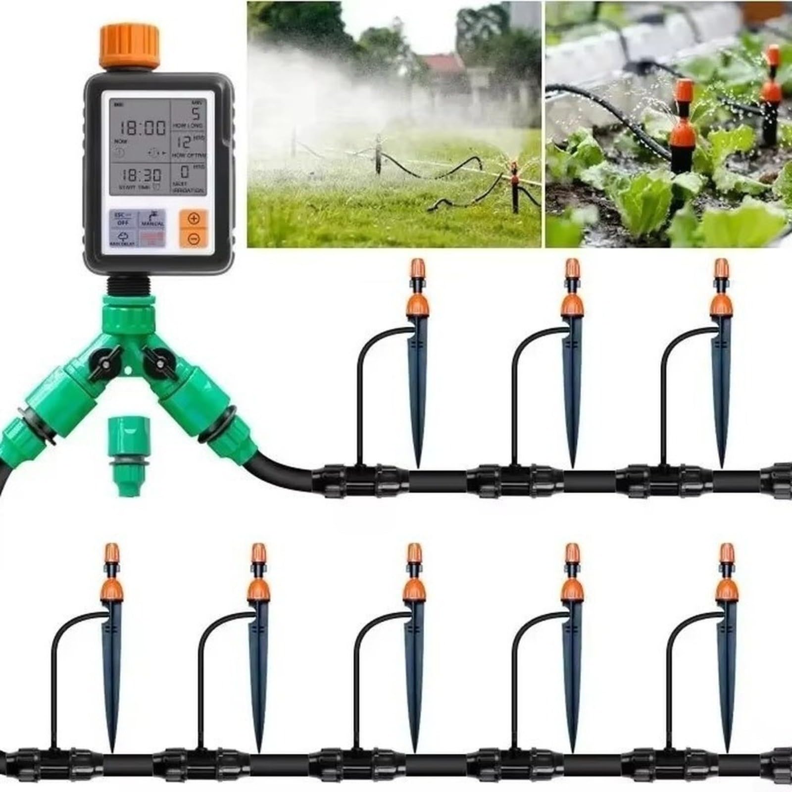 Temporizador de riego digital automático para jardín, sistema de agua de doble salida con IPX5, resistente al agua, ajustable de 1 seg a 300 min, conector de 3/4 pulgadas, color negro