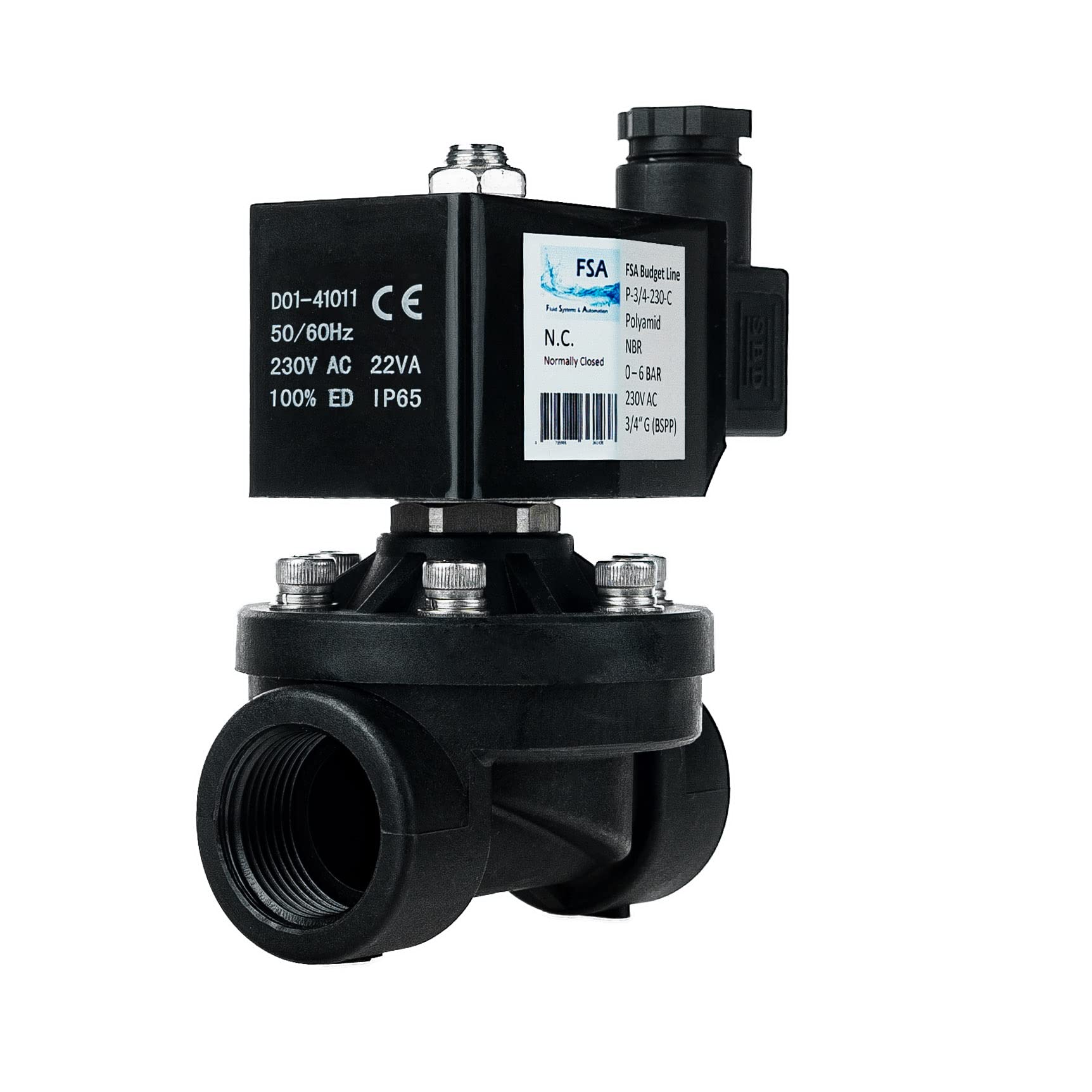 FSA Magnetventil Kunststoff PA6 3/4" 230V AC 0-6 bar NBR stromlos geschlossen
