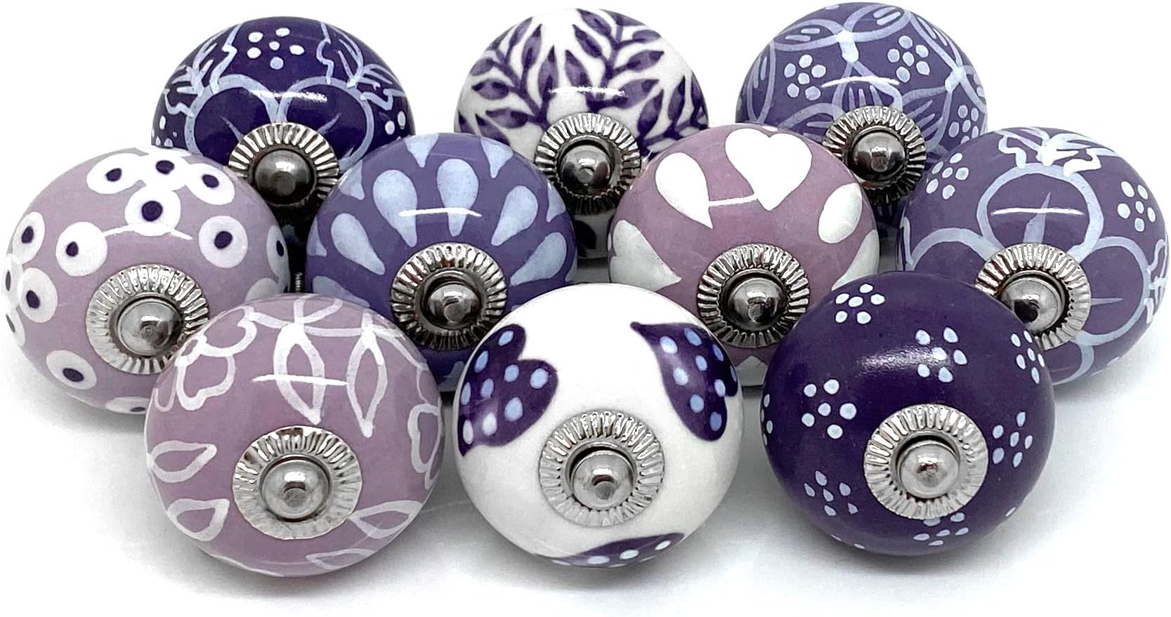 Set of 10 Purple Lilac & White Ceramic Door Knobs by These Please FP31