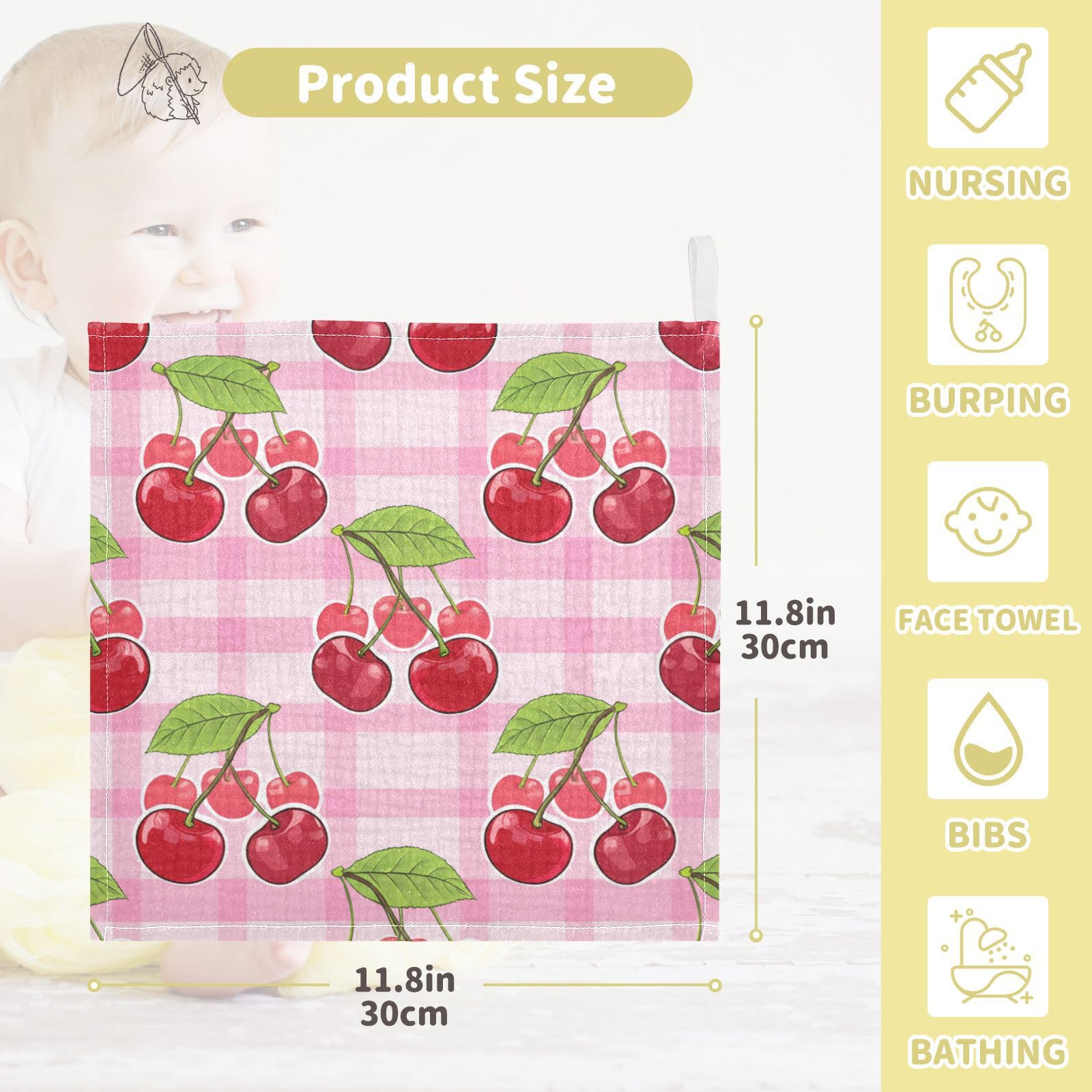 Kigai Cherry Baby Washcloths,3pcs Ultra Soft Absorbent Towel,Newborn Bath Face Towel, Natural Reusable Baby Wipes for Sensitive Skin, Baby Registry as Shower
