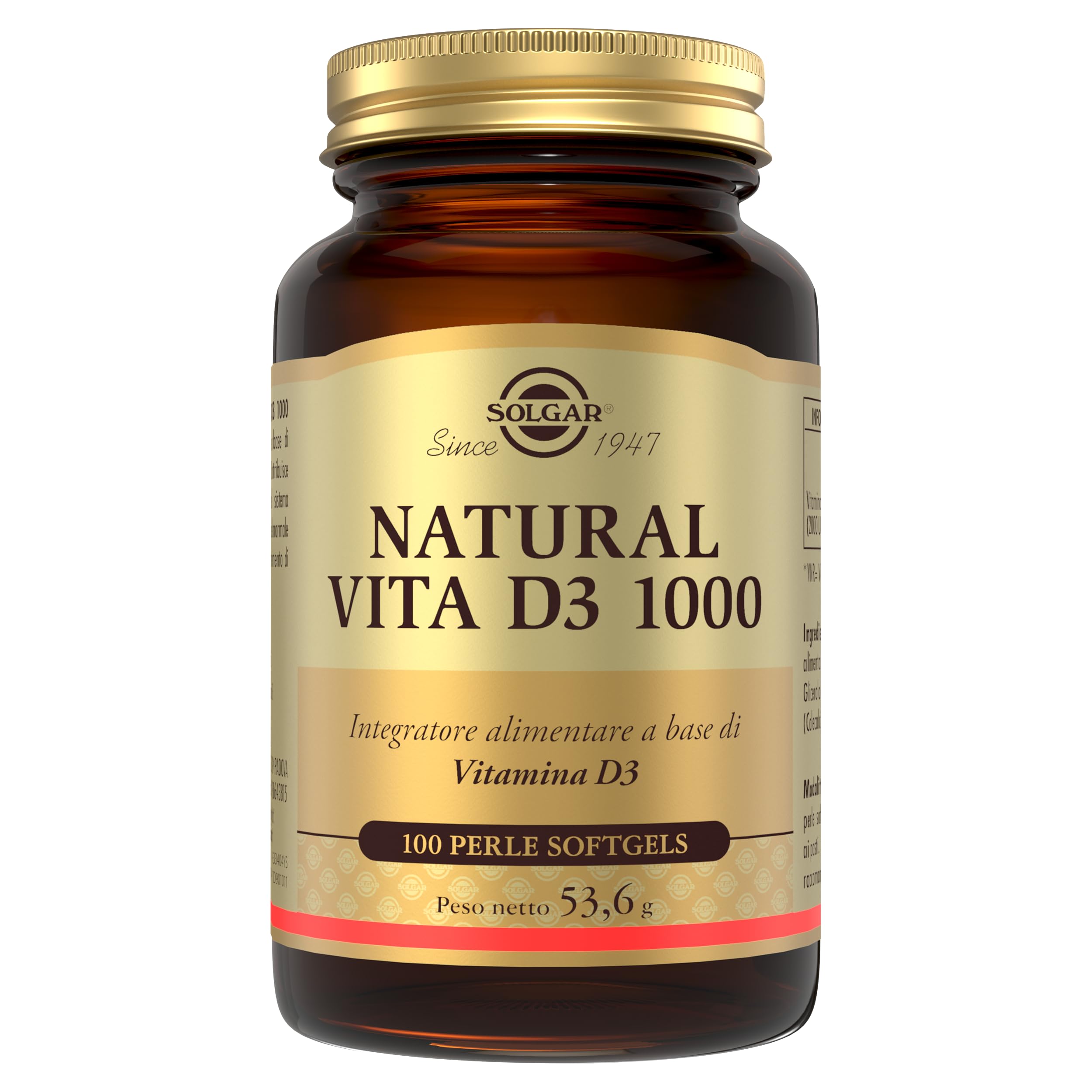 Solgar NATURAL VITA D3 1000 – Vitamina D3 naturale da olio di fegato di pesce, 1000 UI, 100 perle softgel