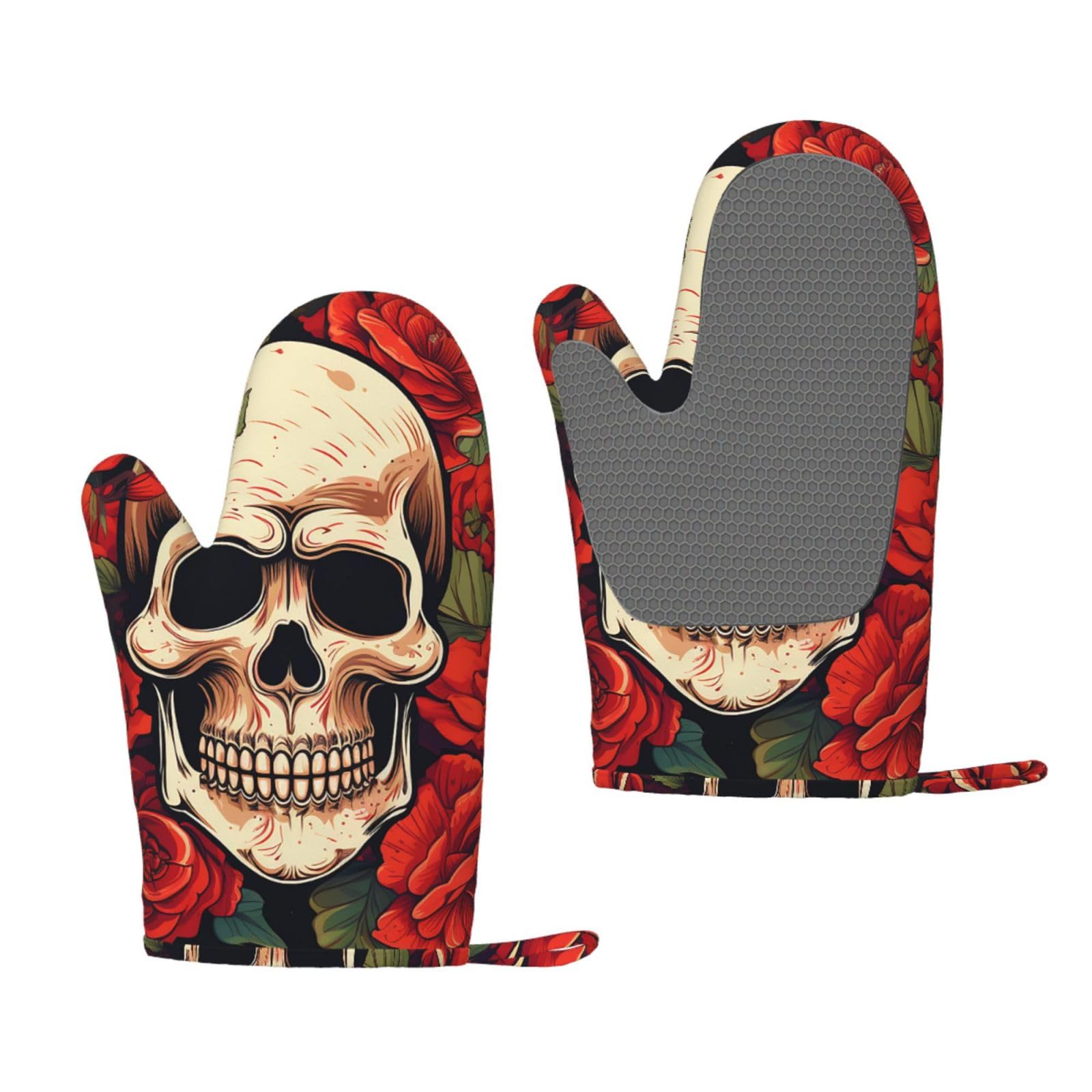Oven Mitts Sets of 2 Heat Resistant Kitchen Gloves Sugar Skull Rose Oven Mitts BBQ Oven Gloves Non-Slip Silicone Oven Mitts Waterproof Cooking Safety Gloves for Kitchen Baking Cooking