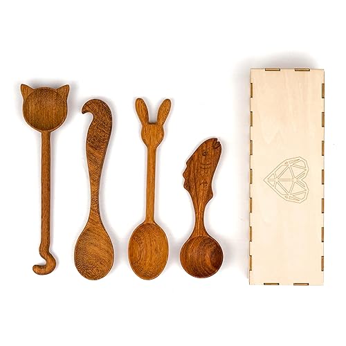 JABIHOME Wooden Spoons for Eating, Cool Mother's Day Gifts for Mom, Small Wooden Spoon,Cat, Parrot, Rabbit, Fish Serving Utensils, Cat Lovers Gifts
