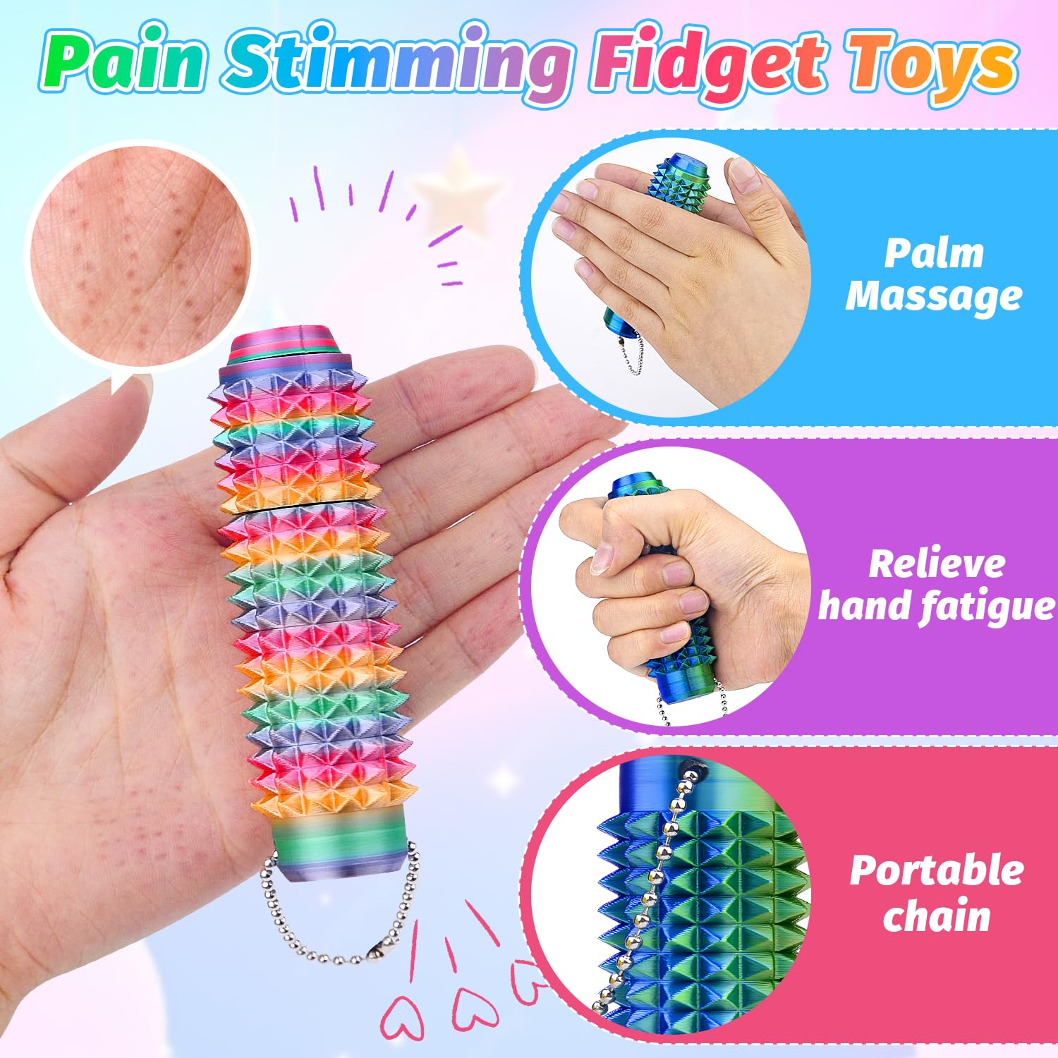 Little Ouchies Pain Fidget Toys, 2PCS Pain Stimming Fidgets with Click Button, 360 Rotation 3D Printed Fidget Toys for Adults & Kids, Spiky Grippie Keyring Toy for Anxiety Relief - Image 2