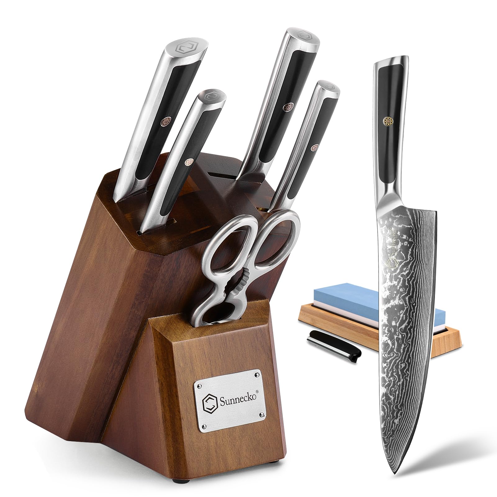 Sunnecko Damascus Kitchen Knife Set - Sharp Kitchen Knife Set of 7pcs with Japanese Damascus Steel VG10 -