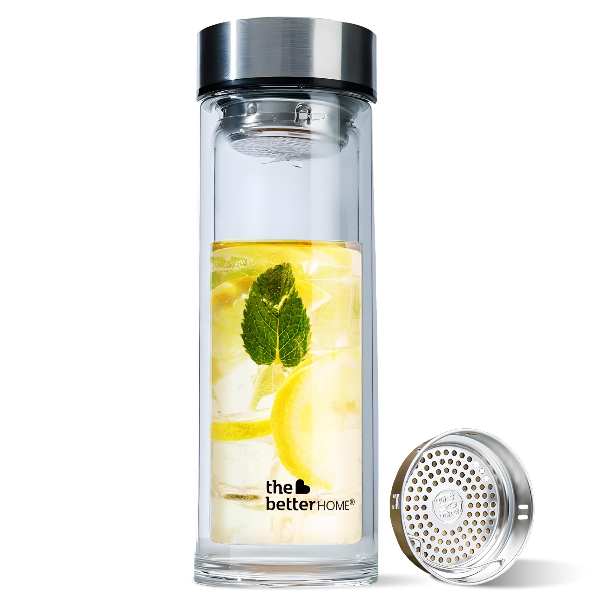The Better Home Double Walled Insulated 450ml Borosilicate Glass Infuser Bottle | Detox, Infusion | BPA-Free, Odour-Free, Scratch-Resistant