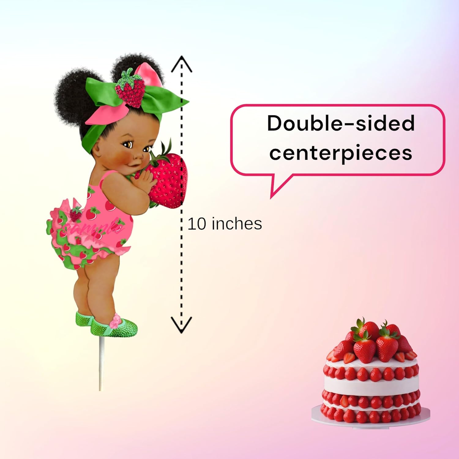 Strawberry Theme Baby Shower/Birthday Centerpieces, 10 inches, Cardstock Paper, Double Sided, Lollipop Stick Attached (5, African American)