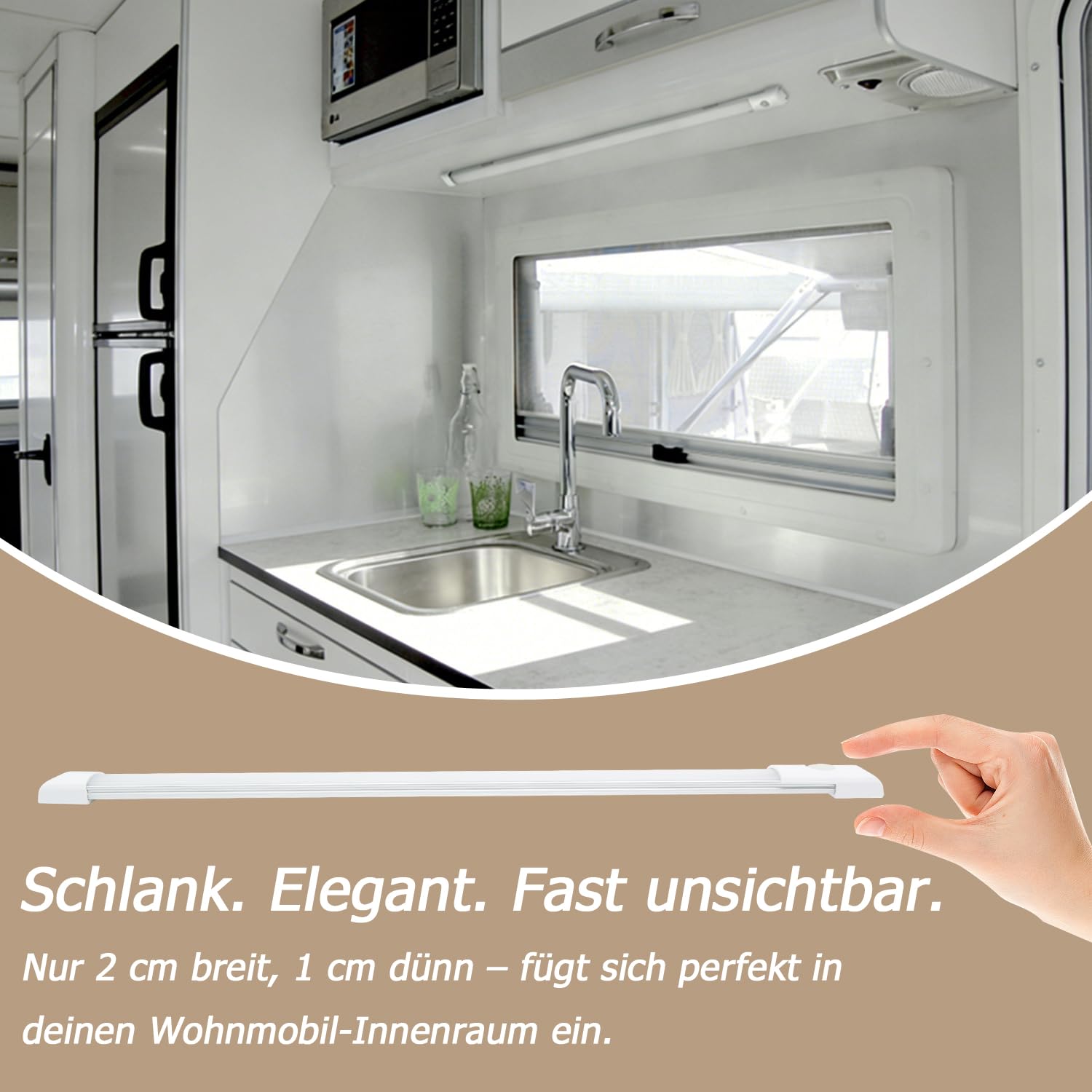 D-lite LED Lichtleiste 12V 60CM für Wohnmobil, 12V Unterbauleuchte Dimmbar, Schlankes Design, Warmweiß 3000K, LED Leiste mit Schalter, Ideal für Wohnwagen, Küche, Camper, Van und Boot