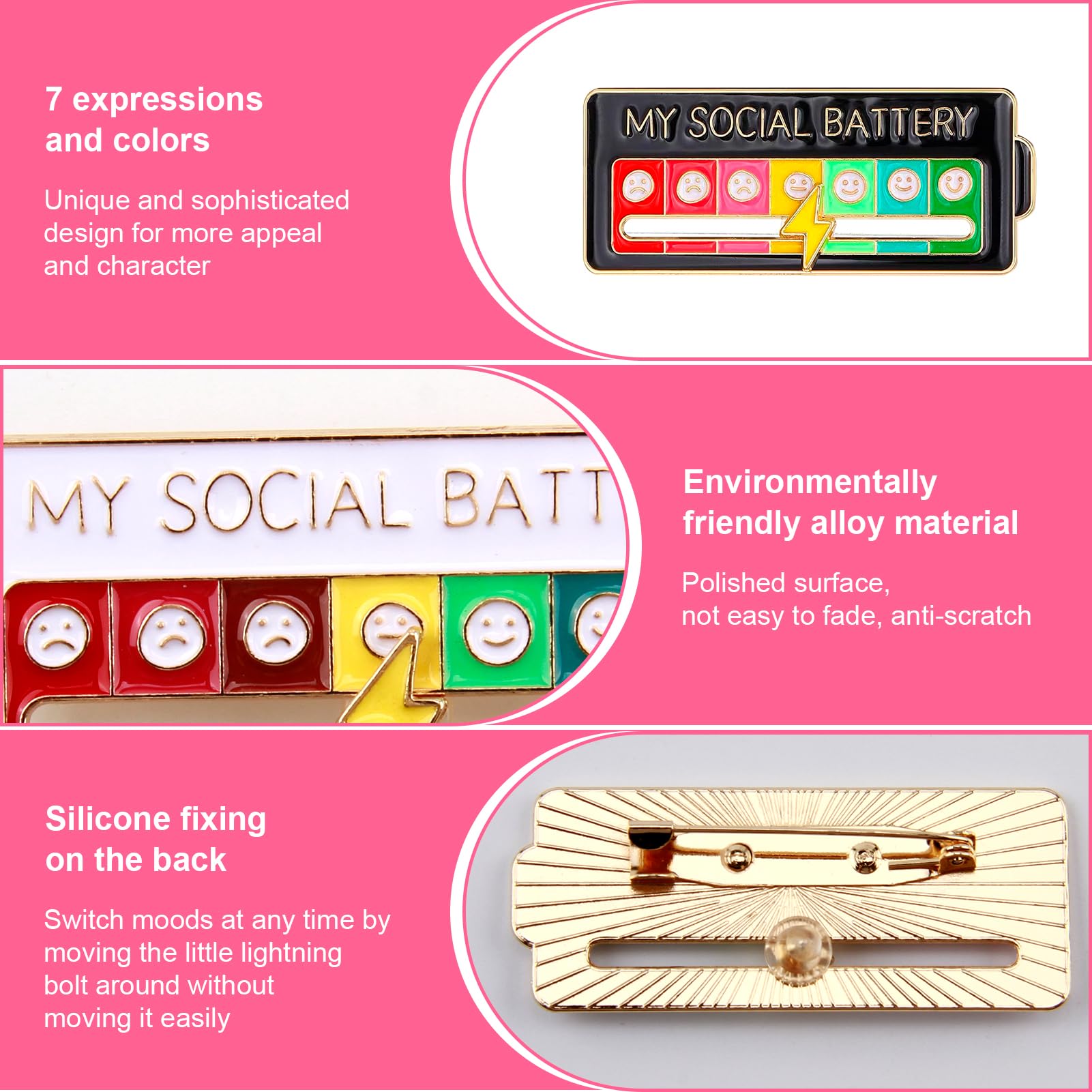 Lot de 6 Broches "My Social Battery Pin", Épingle Interactive pour Humeur Sociale, Pins Social Battery, Insigne Humeur du Jour en Émail, pour Introvertis (Blanc + Noir)