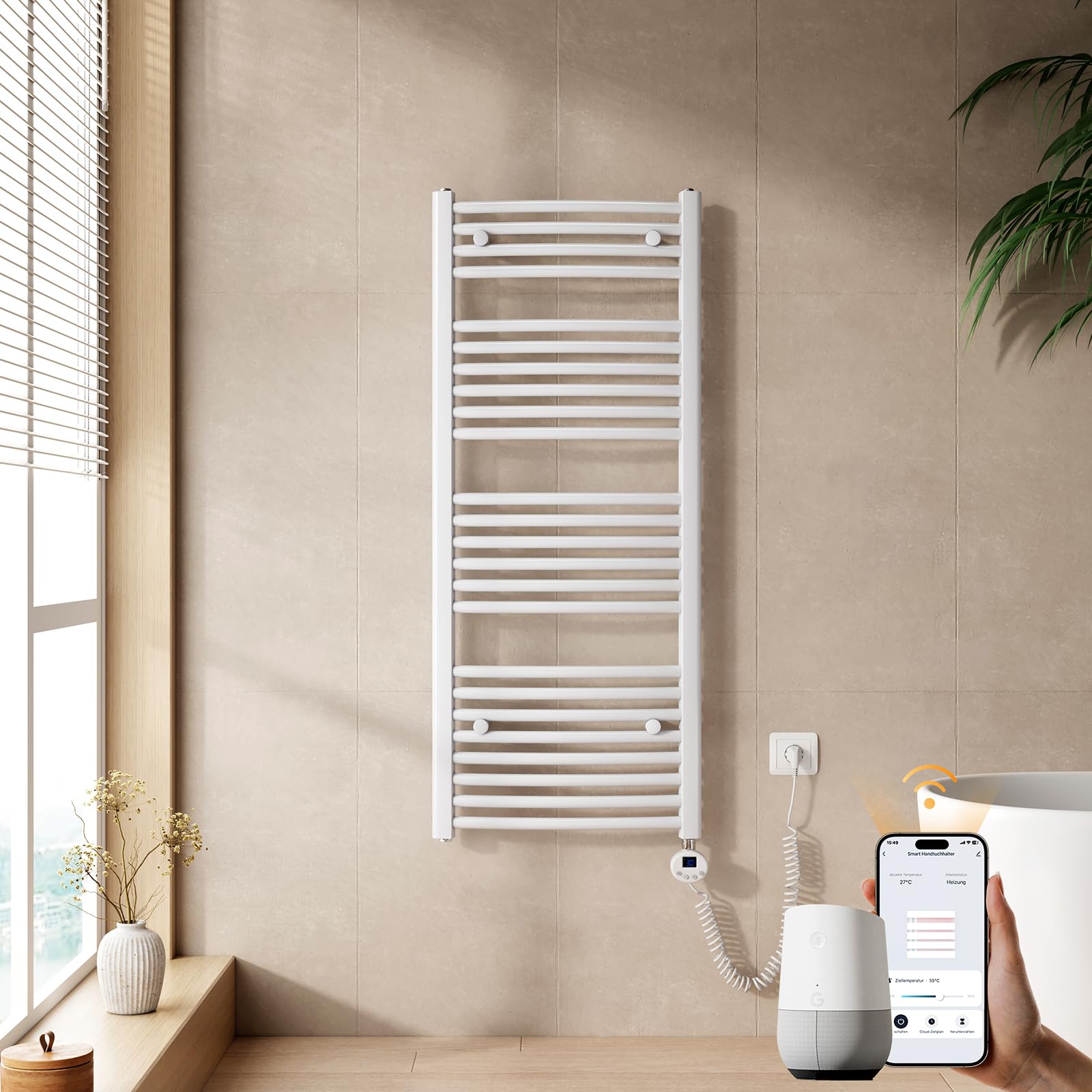 EMKE WiFi Handtuchheizkörper Elektrisch 1200x500 mm - Gebogen Badheizkörper Elektrisch, Elektrischer Handtuchwärmer Handtuchtrockner Handtuch Heizkörper Bad mit Thermostat und Heizstab - 500W, Weiß