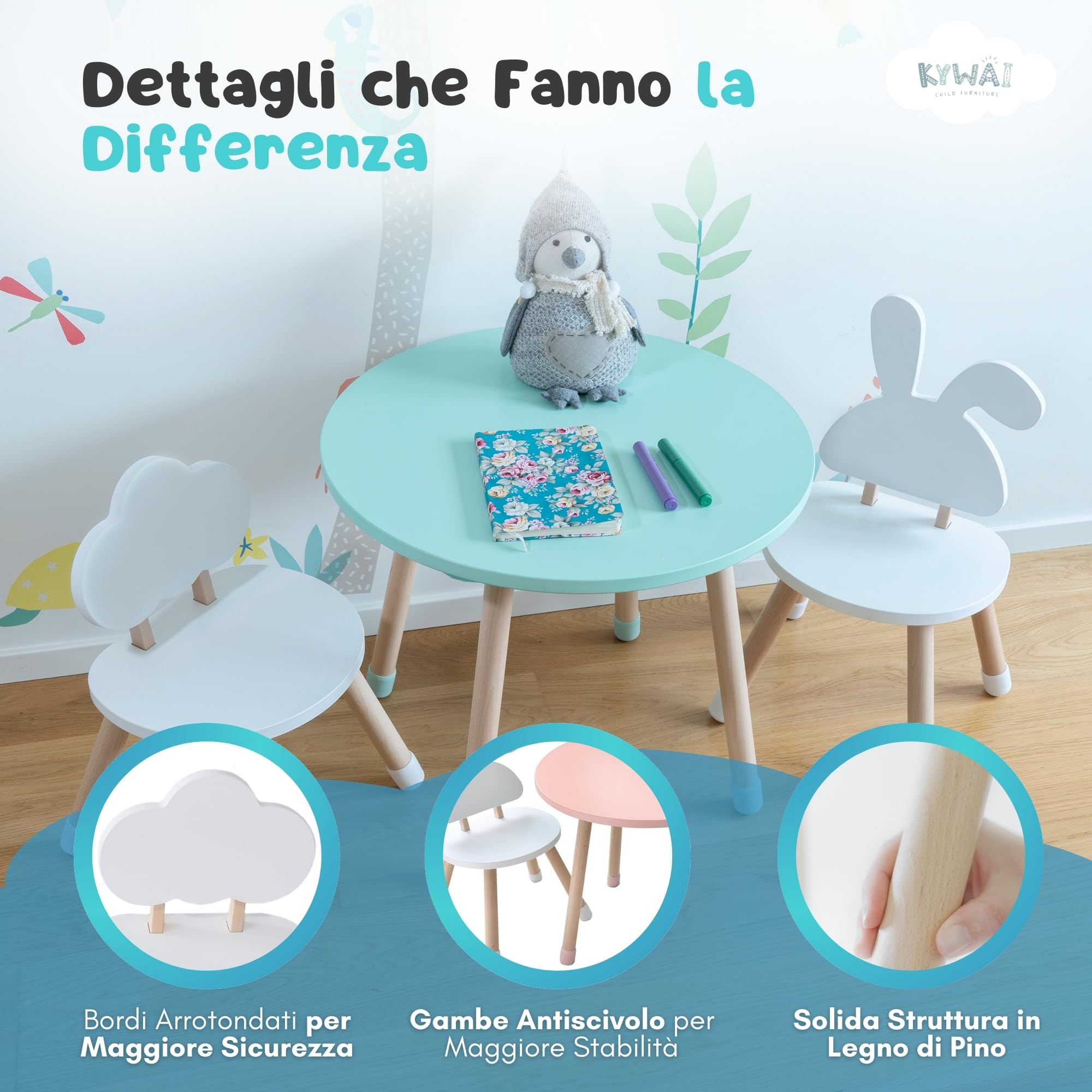 Tavolino Bambini con 2 Sedie in Legno di Pino - Tavolo e Sedie per Bambini