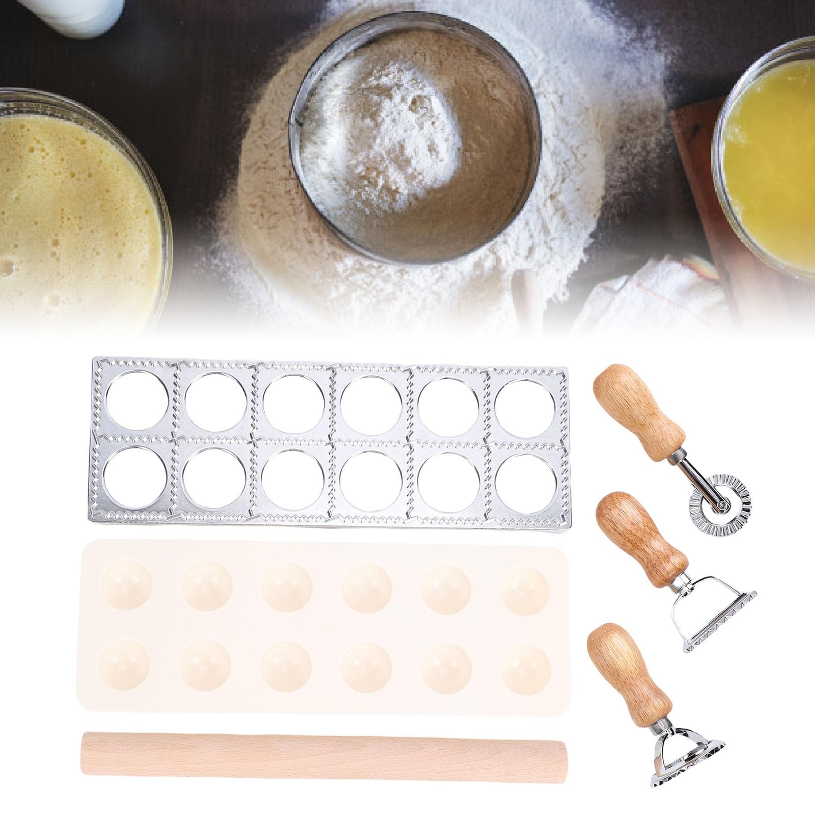 Ravioli-Pressformen-Set, 12 Löcher, Ravioli-Presse, 1 x Nudelschneider, Stempelhersteller, 1 x Nudelholz aus Holz, Nudelherstellungswerkzeuge, 1 x Fülllöffel, für Ravioli, Knödel,